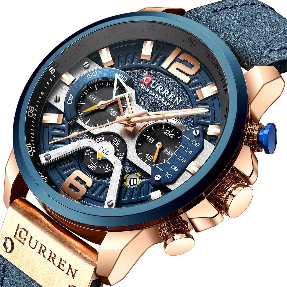 FANMIS Mens Luxury Watches Business Chronograph Dress Waterproof Leather Strap Analog Quartz Wrist Watch (Blue Rose)