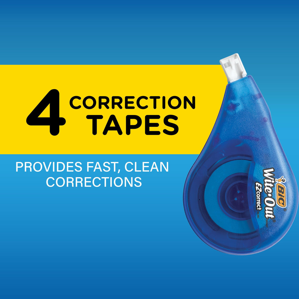 BIC Wite-Out Brand EZ Correct Correction Tape, 39.3 feet, 4-Count Pack of White Correction Tape, Fast, Clean and Easy to Use Tear-Resistant Tape Office or School Supplies