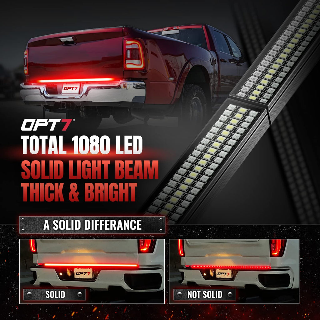 OPT7 Redline Parlux 60" Aluminum Truck Tailgate Light Bar w/Sequential Red Turn - Rigid 2-Section Triple Row LED Light Strip w/Ignition Sequence, Red Running Brake, Triple-Flash White Reverse