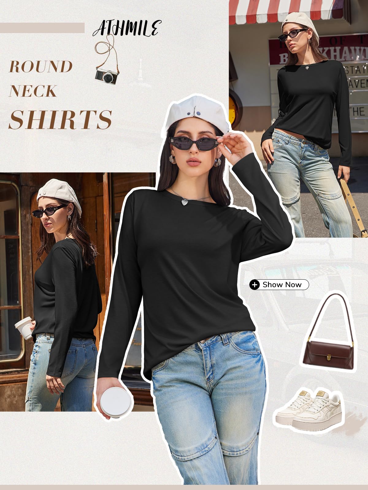 ATHMILE Womens Fall Fashion 2026 Cute Spring Tops Casual O Neck Fitted Fashion Shirts Ladies Clothes Fashion Outfits Black