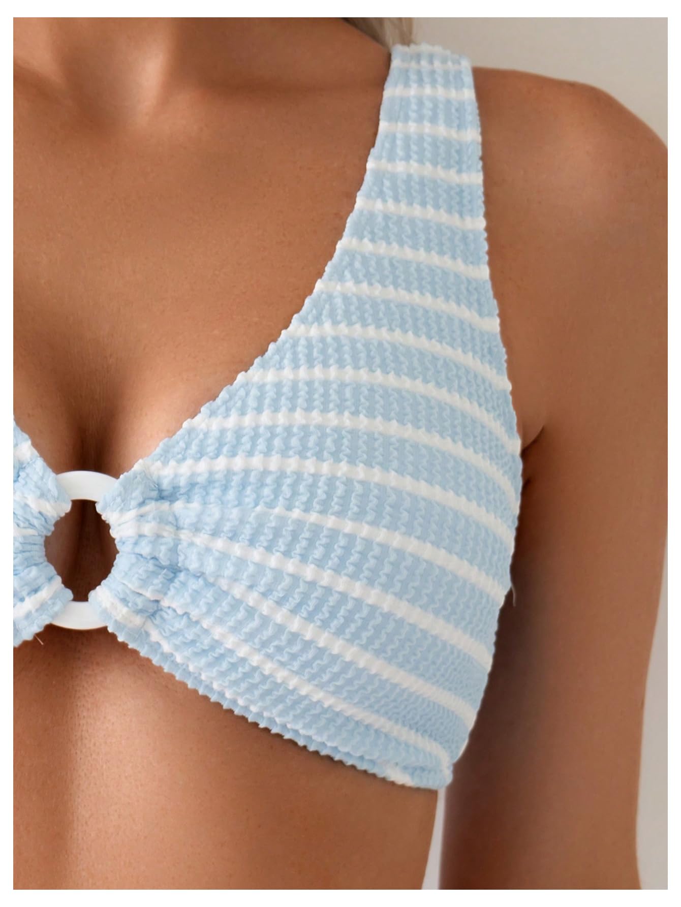 SOLY HUX Women's Striped Bathing Suit V Neck High Waisted Bikini Sets Two Piece Swimsuit Blue and White Striped Large