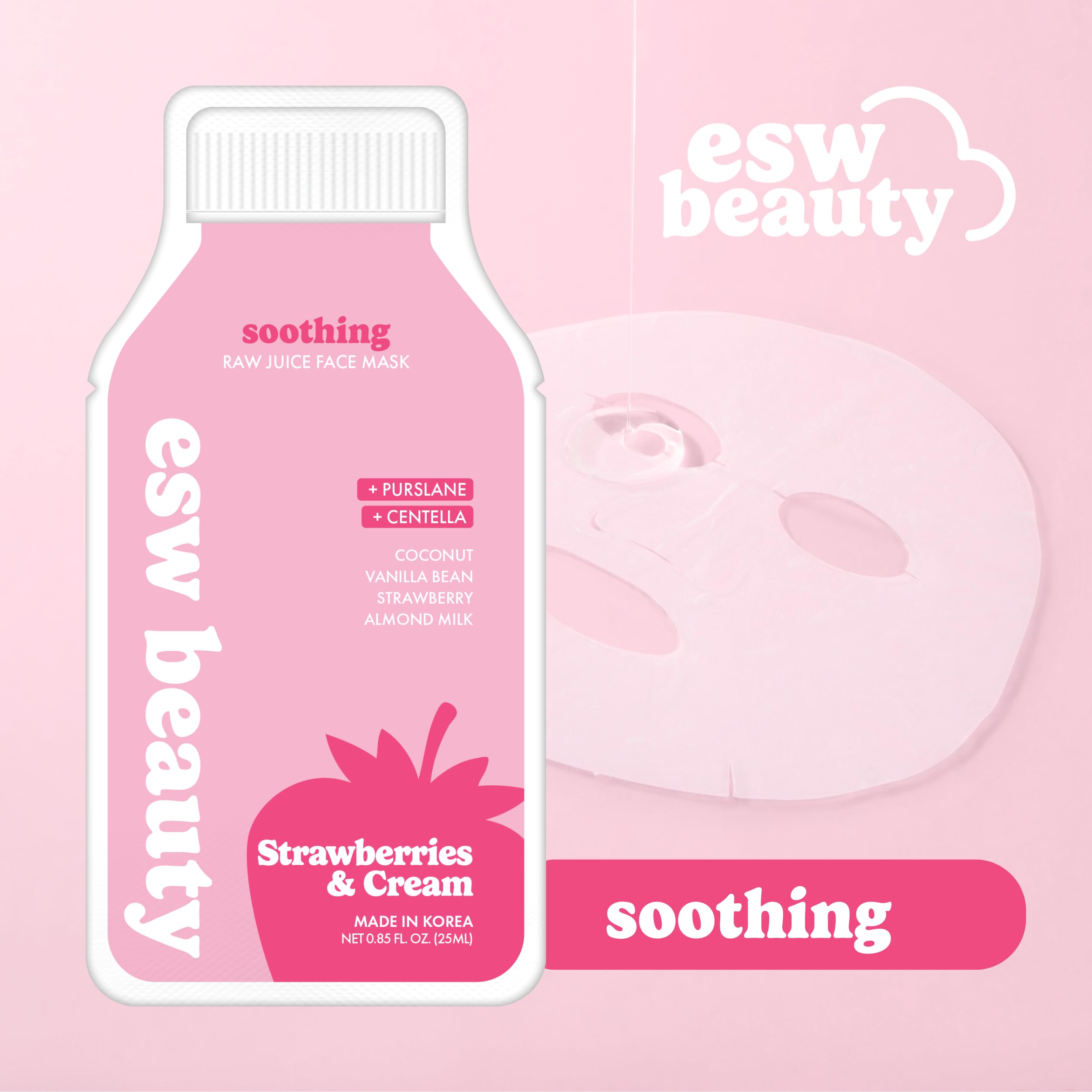 ESW Beauty Strawberries & Cream Sheet Mask - Raw Juice Hydrating Face Mask - Calming with Coconut, Vanilla Bean, Almond Milk & Strawberry for Sensitive Skin - Reduces Redness & Nourishes