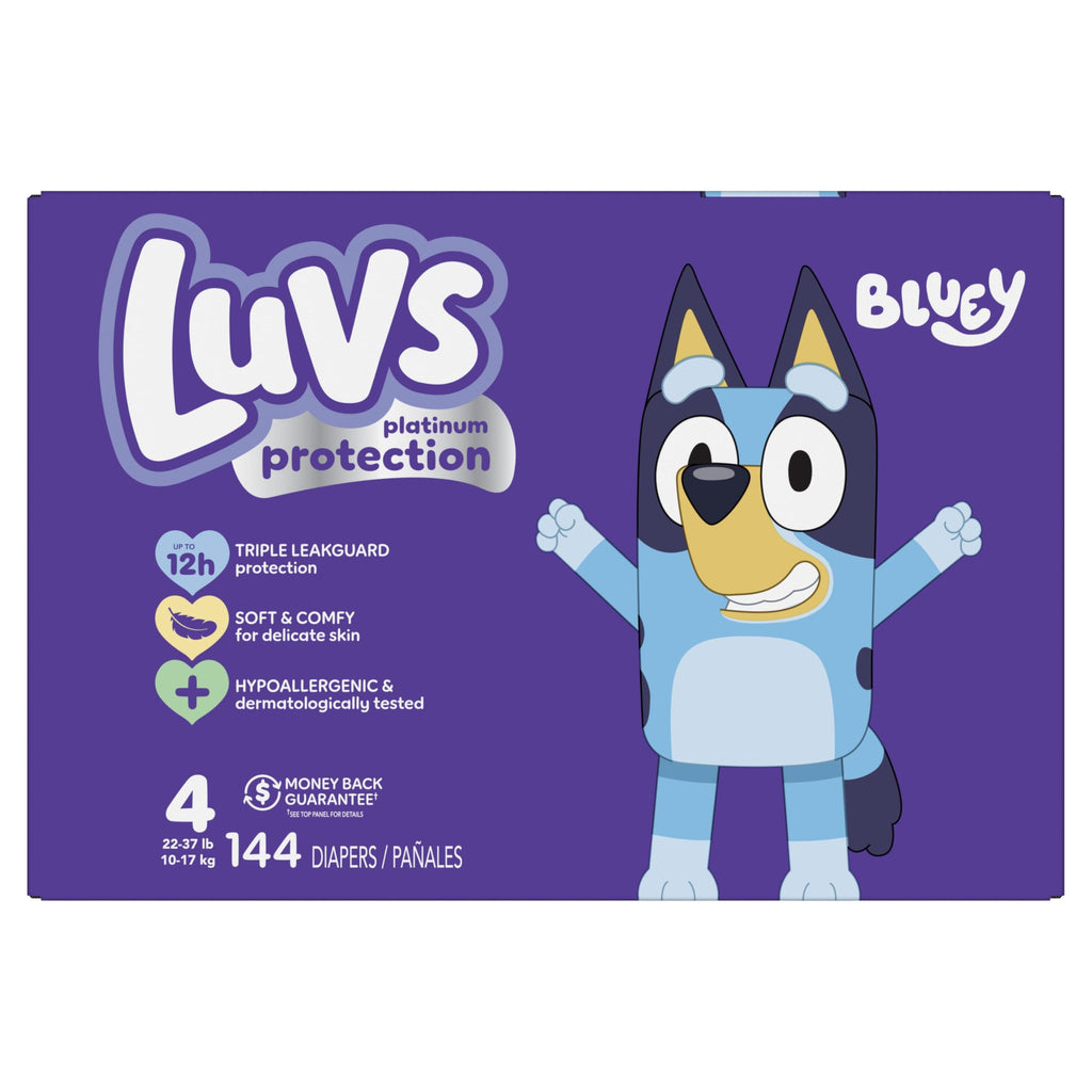 Luvs Size 4 Baby Diapers, Platinum Protection Bluey Diapers for Day & Night, Size 4, 144 Count (Packaging May Vary)