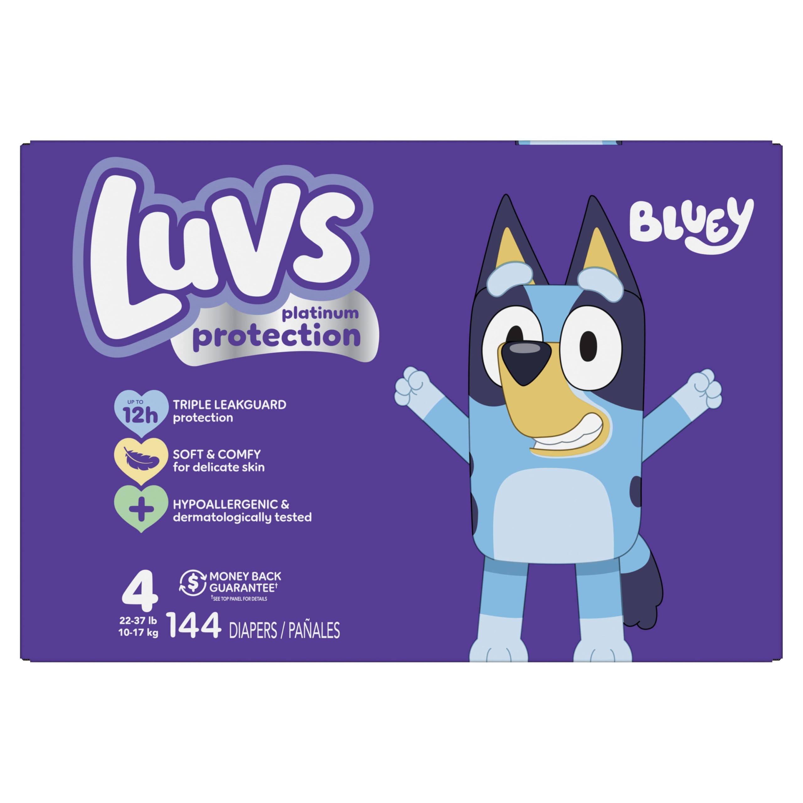 Luvs Size 4 Baby Diapers, Platinum Protection Bluey Diapers for Day & Night, Size 4, 144 Count (Packaging May Vary)
