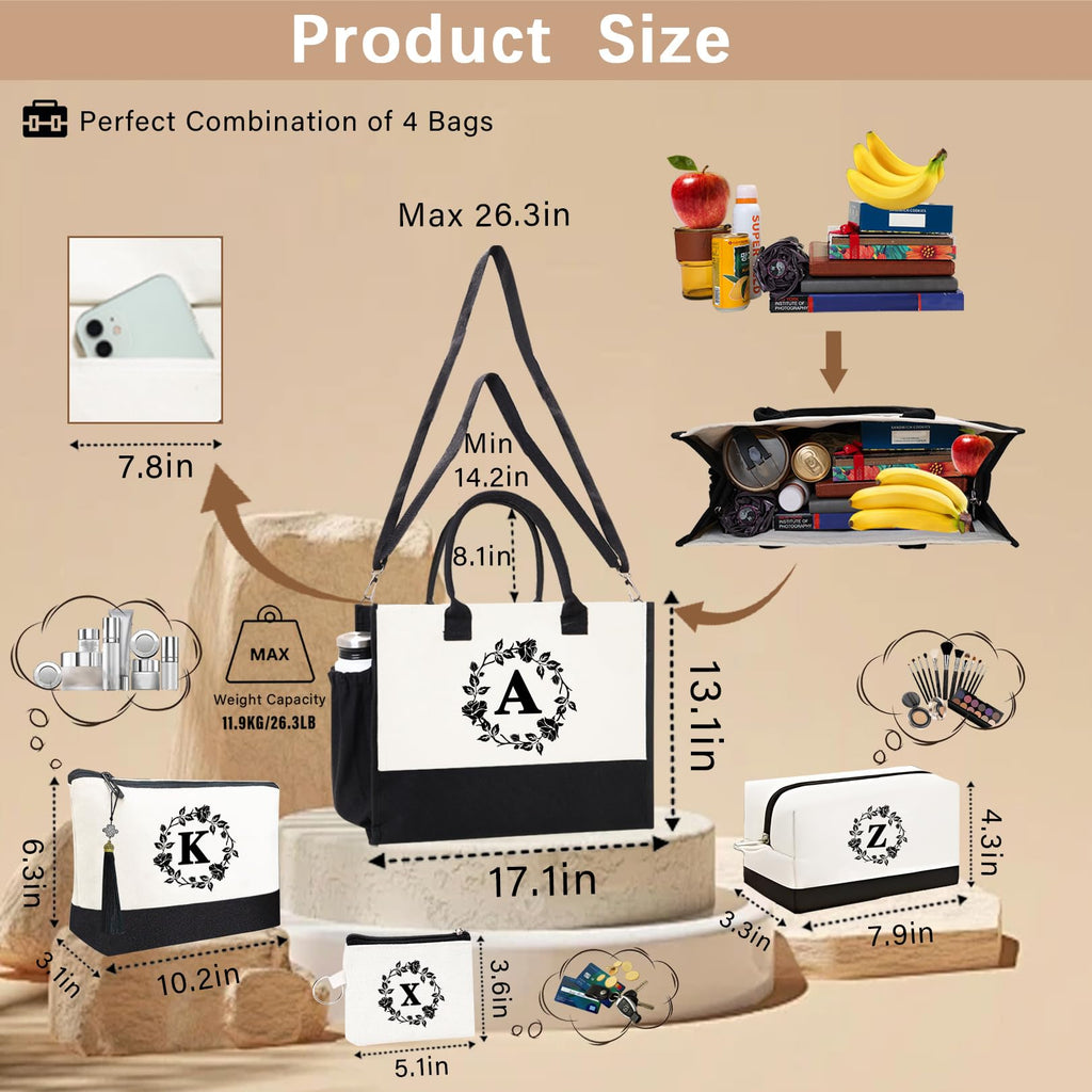 Adoryoung Personalized Tote Bags for Women, 4pcs Monogram Tote Bags, Double-sided Embroidery Initial Tote Bag Birthday Gifts (S)