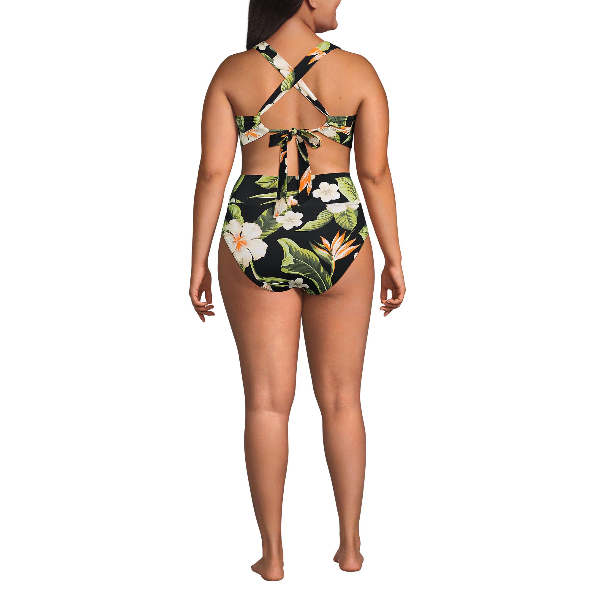 Lands' End Women's V-Neck Bikini and High Waisted Bottom Swimsuit Set X-Small Hibiscus Floral/Black