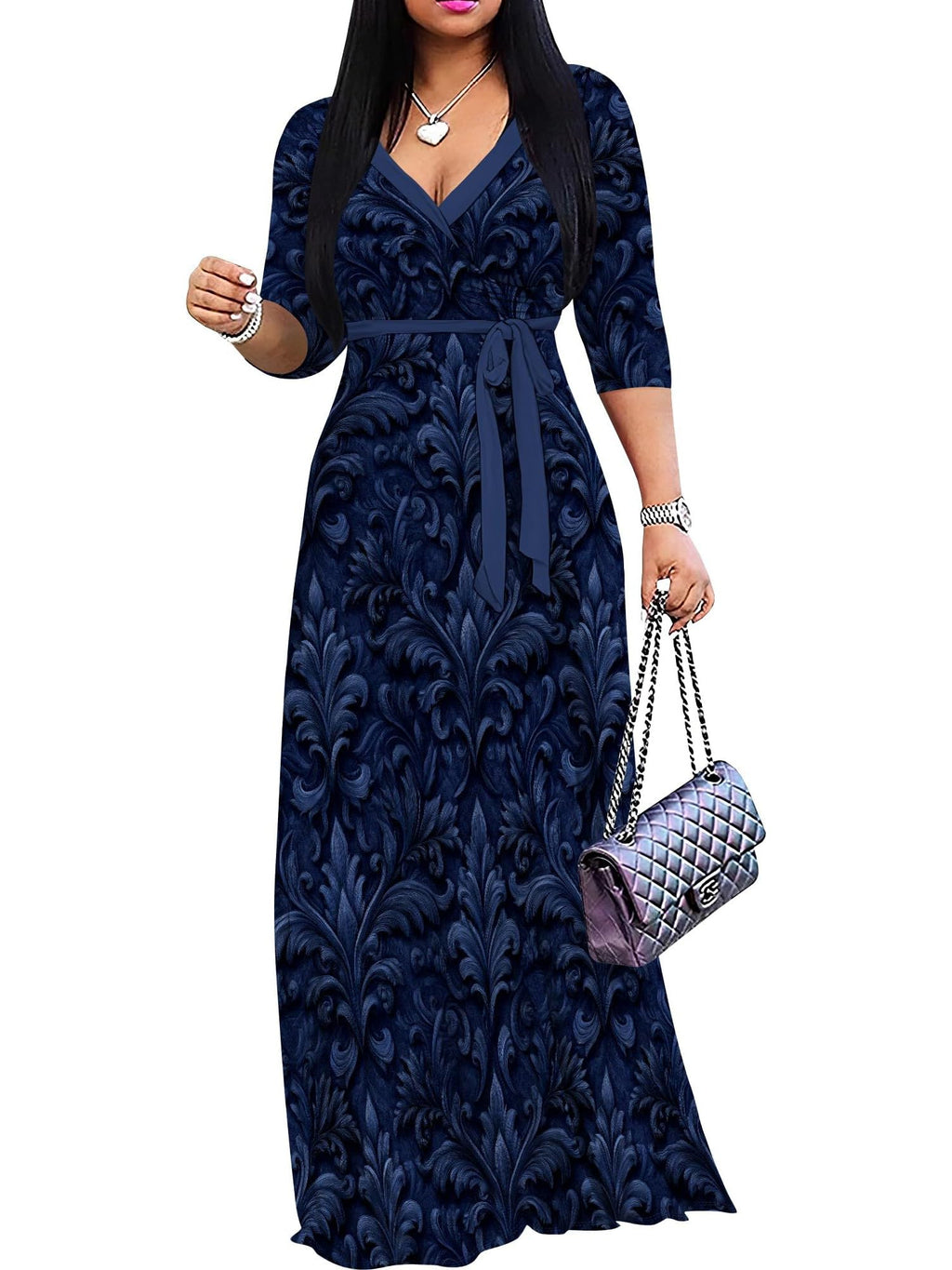 PinkPatty Plus Size Maxi Dress for Women 3/4 Sleeve V Neck Printing Dress Wedding Guest Sundress with Belt (A-Navy Blue 2XL)