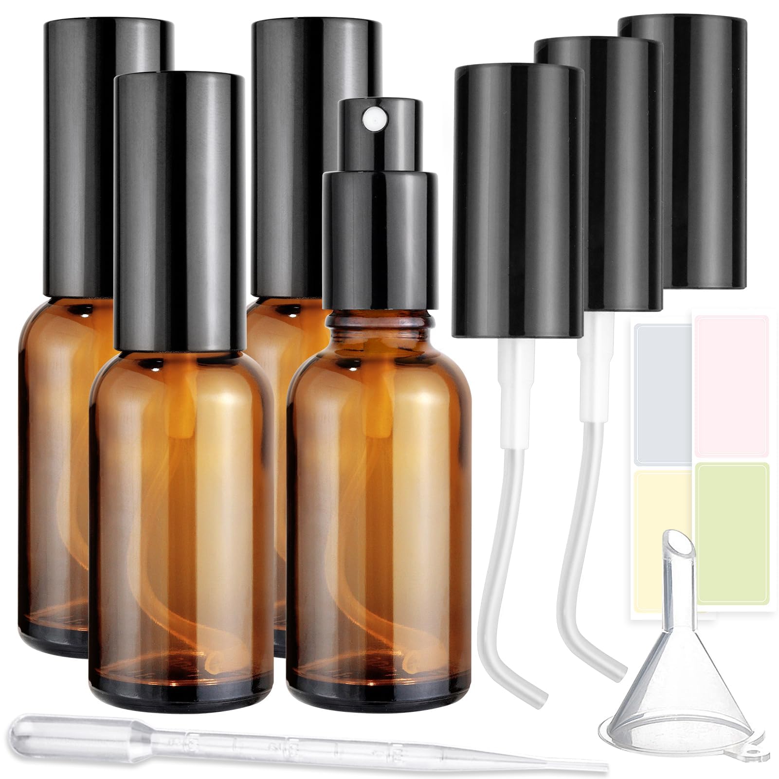 Showvigor 4-Pack 1oz/30ml Amber Glass Spray Bottles for Fine Mist | with 2 Extra Nozzles, Refillable Essential Oil, Toner, Hair Care & Cleaning Solutions Bottles Set | Leak-Proof, UV Protection
