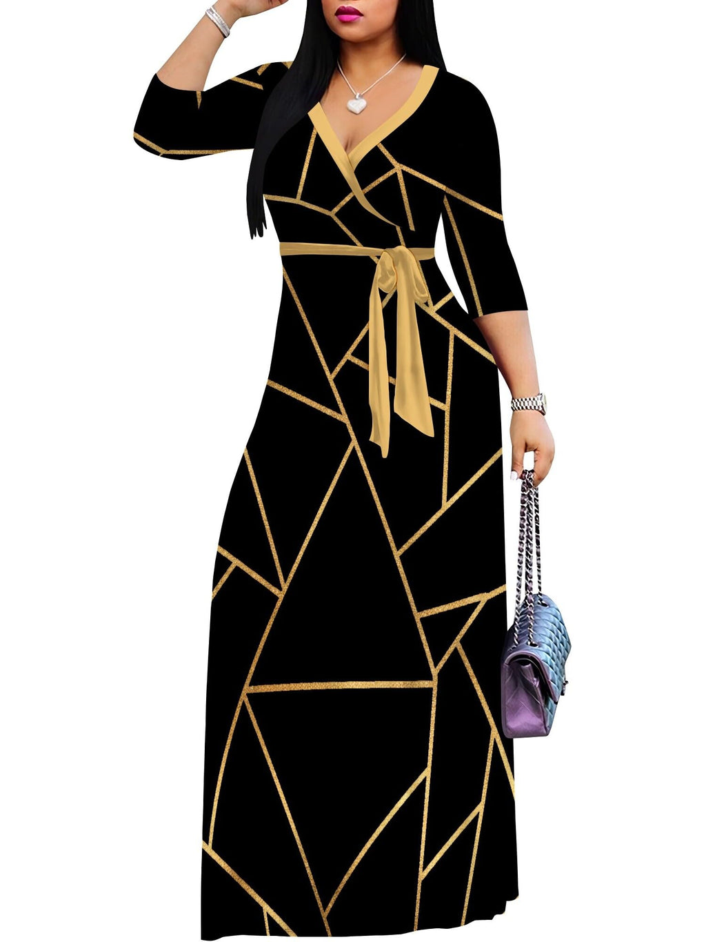 PinkPatty Plus Size Maxi Dress for Women 3/4 Sleeve V Neck Long Dress Casual Party Sundress with Belt (A-Gold-Striped Patchwork/Black 2XL)