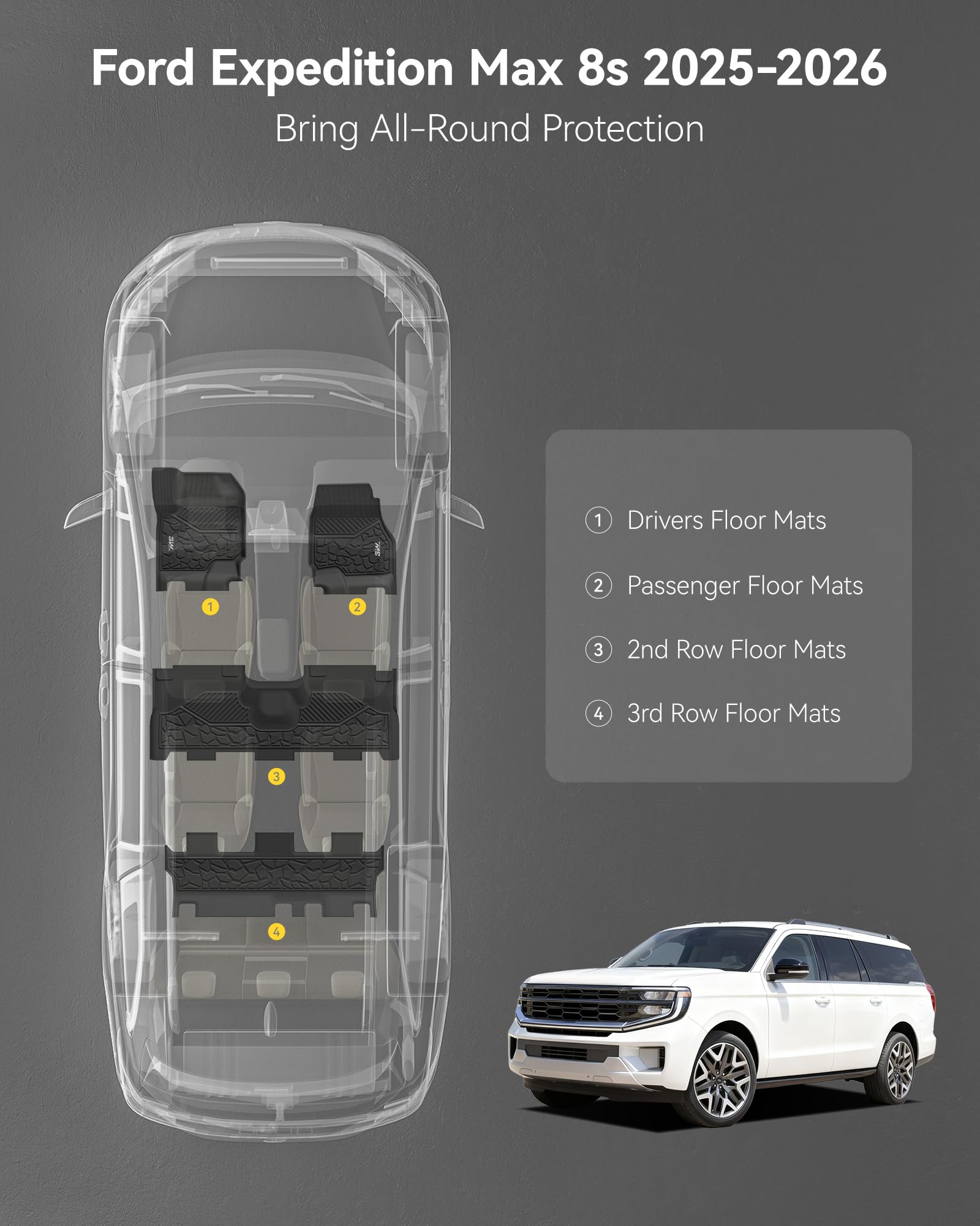 3W Floor Mats for 2025 2026 Ford Expedition Max Bench Seating 8 Seats, All Weather for 2025 2026 Ford Expedition Max (Not fit 7 Seats) Floor Mats Cargo Mat (Only MAX)