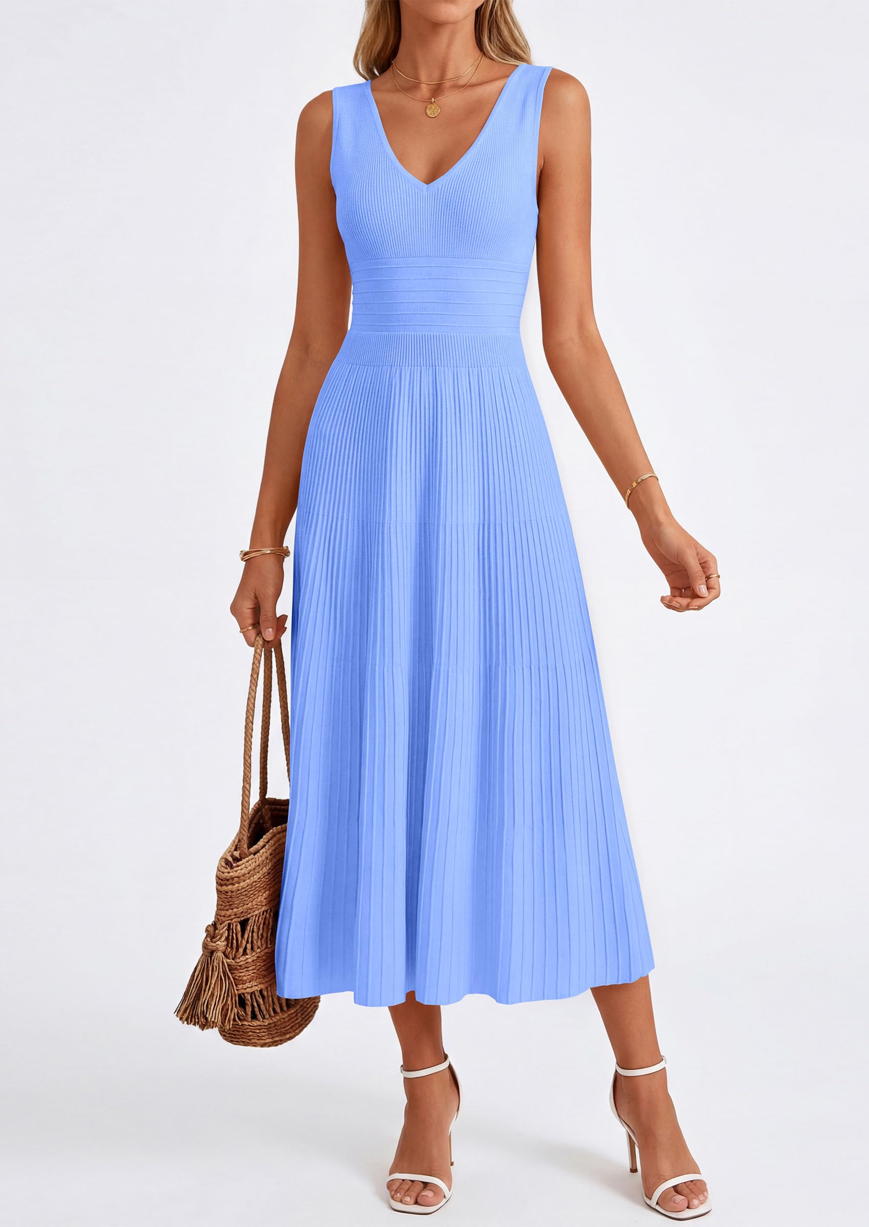 PRETTYGARDEN Summer Dresses for Women 2026 Spring Casual Sleeveless V Neck Pleated Midi Work Cocktail Wedding Guest Dress(Light Blue,Large)