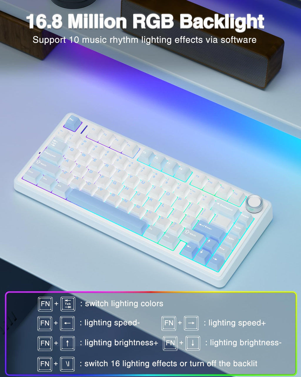 AULA F75 75% Wireless Mechanical Keyboard, Hot Swappable Creamy Keyboard, Pre-lubed Greywood Switches RGB Backlit Gaming Keyboards, 2.4GHz/Type-C/BT5.0(Salt White Blue)