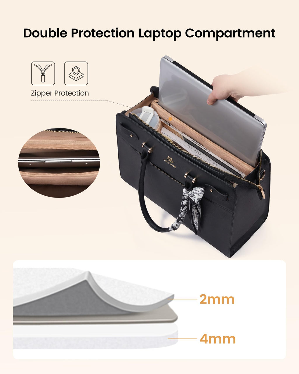 LOVEVOOK Laptop Tote Bag for Women, 15.6 Inch PU Leather Work Bag Waterproof Computer Briefcase Handbag for Teacher Business Office with Silk Scarf, Black
