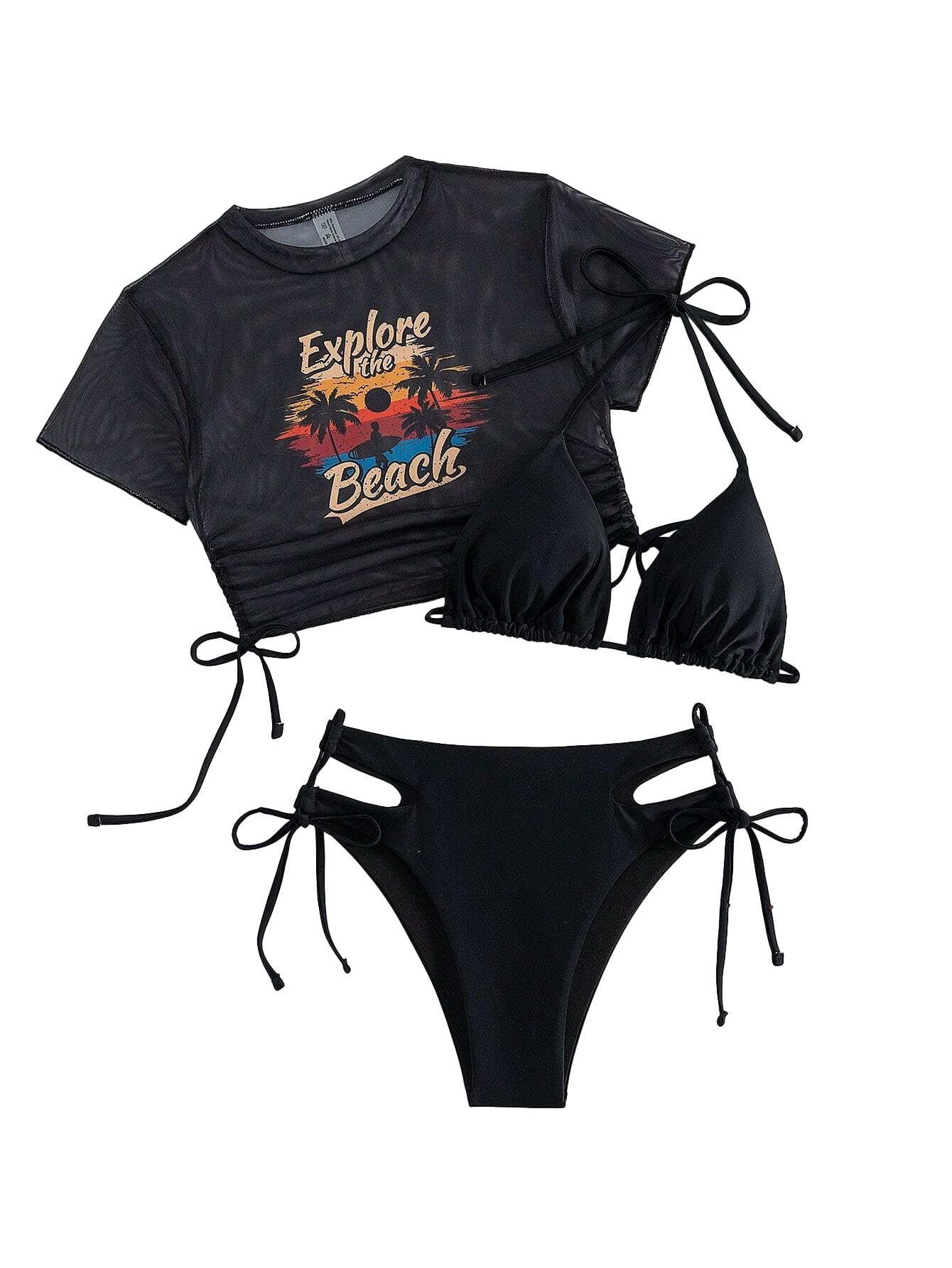 Lilosy Pattern Drawstring Tie Side Bikini Set Srting Swimsuit Short Sleeve Mesh Sheer Cover Up Halter Triangle Top and Cutout Bottom Beach 3 Piece Women Sporty Bathing Suit Black Medium