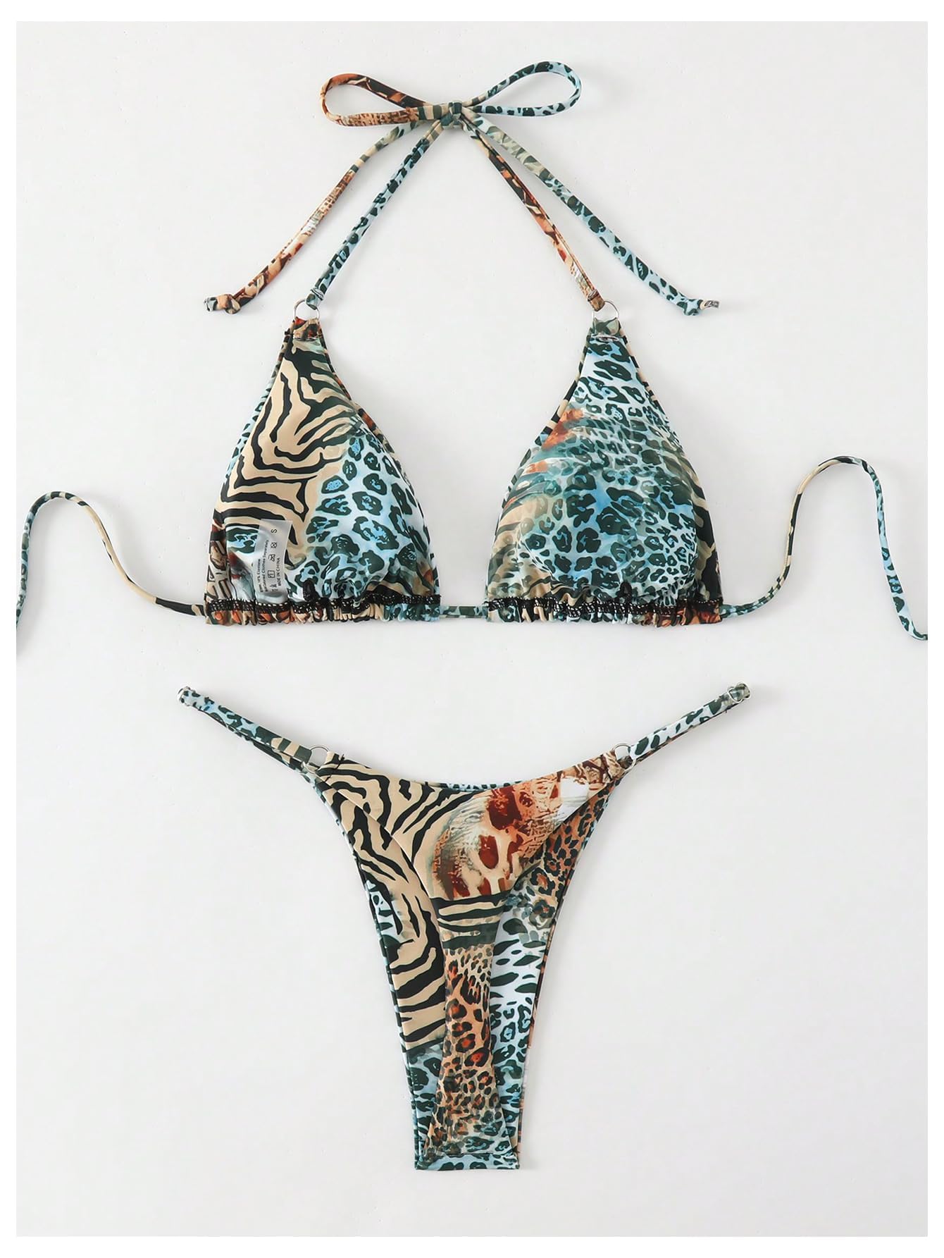 WDIRARA Women's Leopard Zebra Print Bikini Set Halter Tie Side Swimsuit 2 Piece Bathing Suit Multicolor X-Small