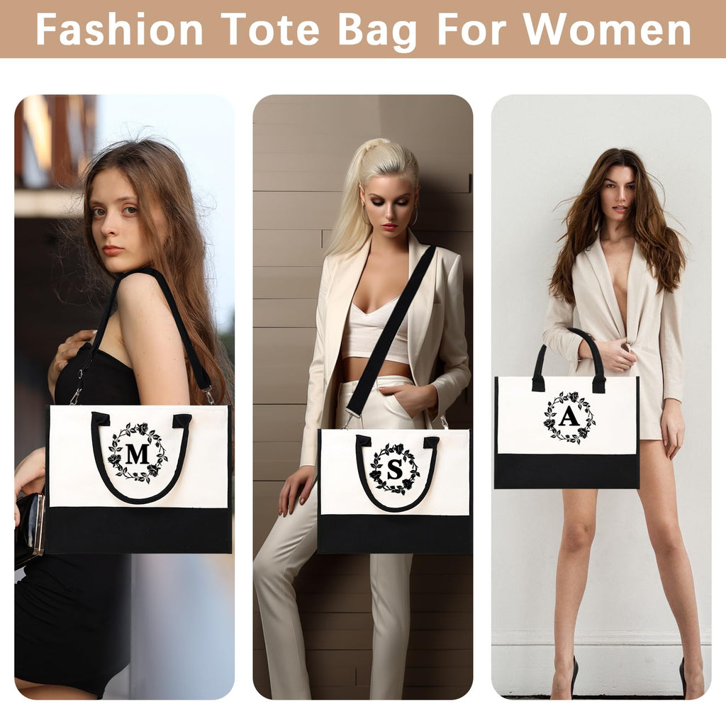 Adoryoung Monogram Personalized Initial Canvas Tote Bags for Women, Double-sided Embroidery Tote Beach Bags Gifts for Women (S)