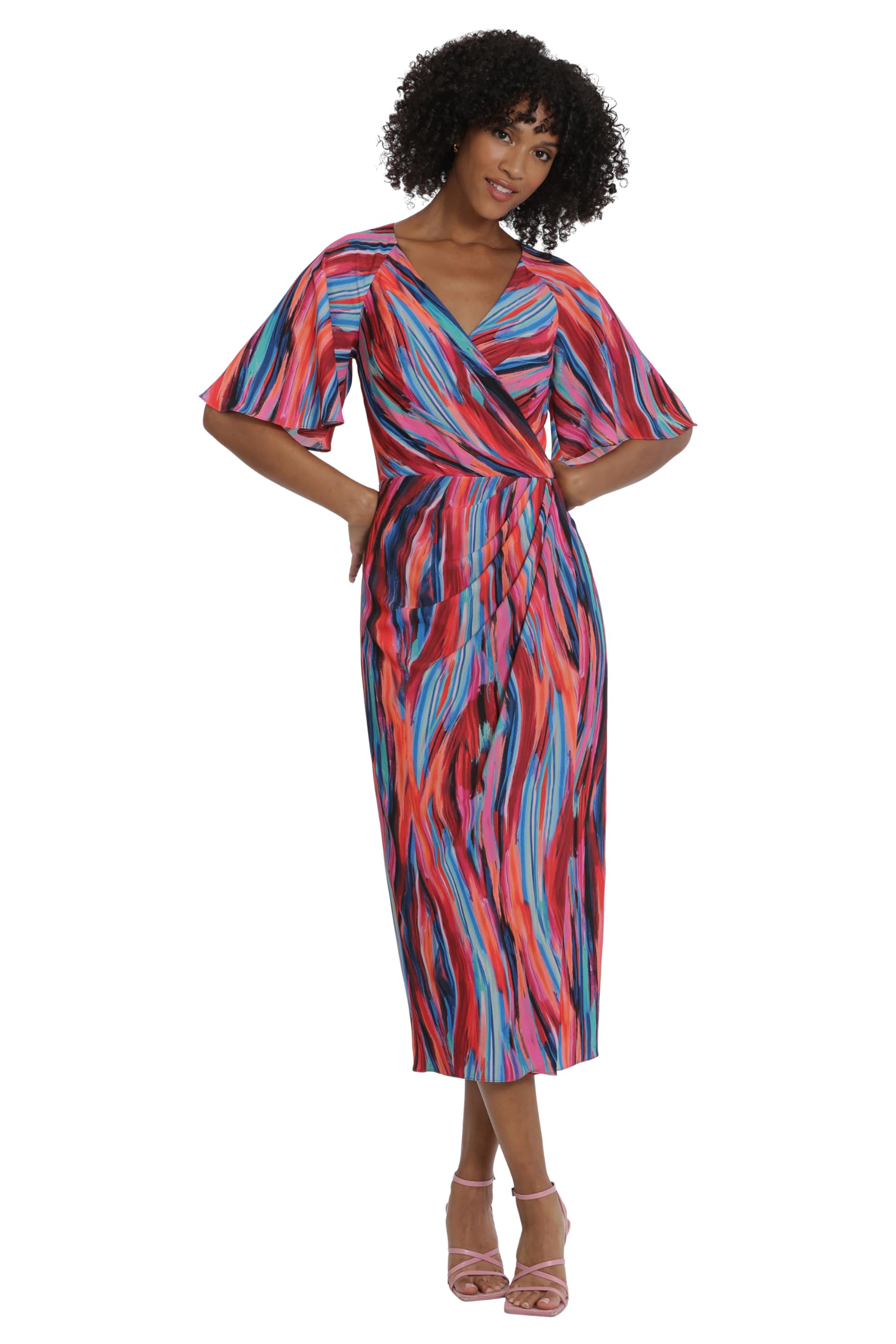 Maggy London Women's Dresses Short Flutter Sleeve Faux Wrap Midi Dress