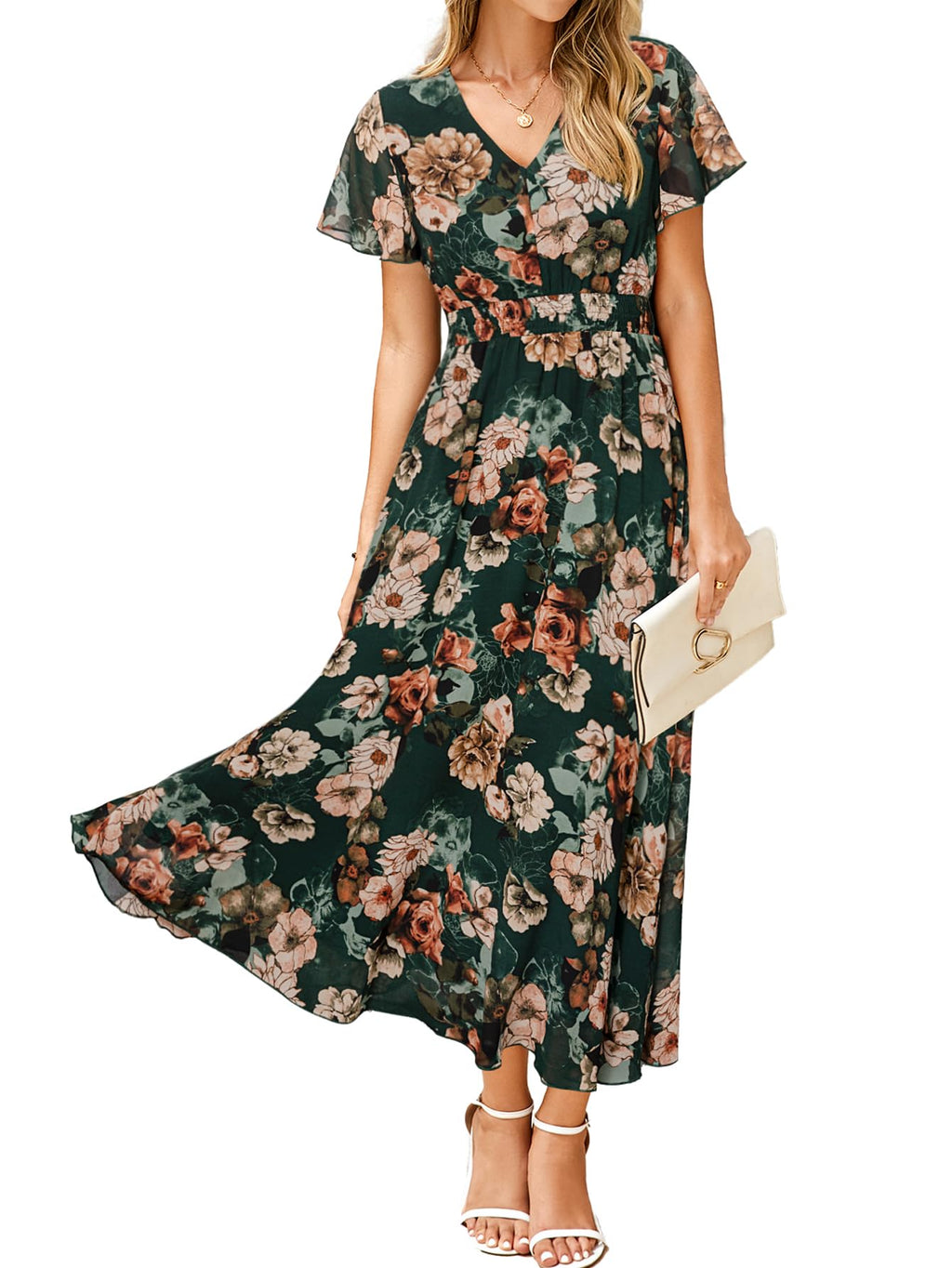 Simplee Womens Floral Maxi Dress - Short Sleeve Summer Boho Wedding Guest Dress Empire Waist Chiffon Modest Midi Dresses Green,L