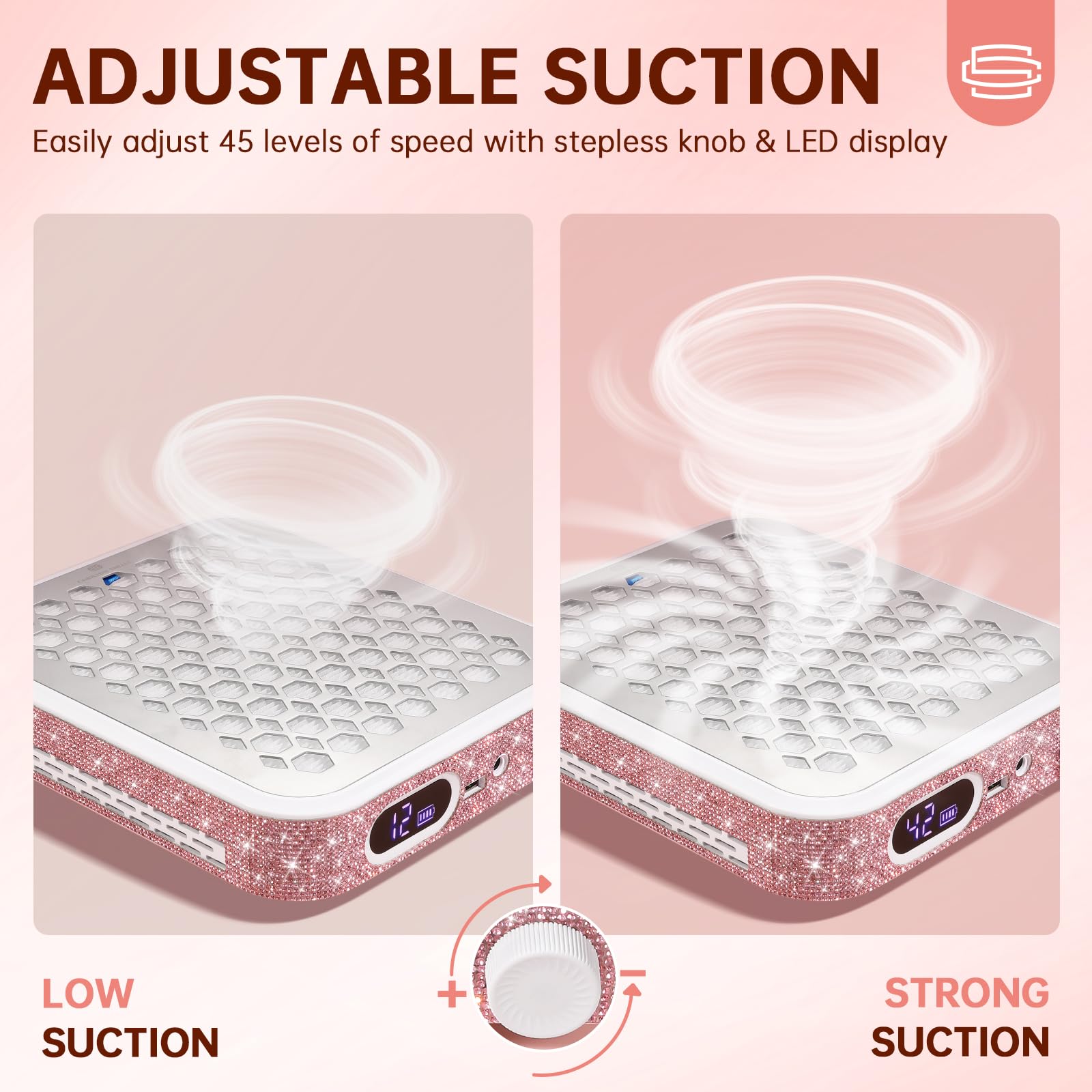 CHRISTINE SHELLY Nail Dust Collector, Rechargeable Dust Collector Nail Tech, Powerful Vacuum Fan Vent Dust Collector Extractor Dust Suction Machine for Acrylic Nails Polishing, Nail Salon&Home, Pink