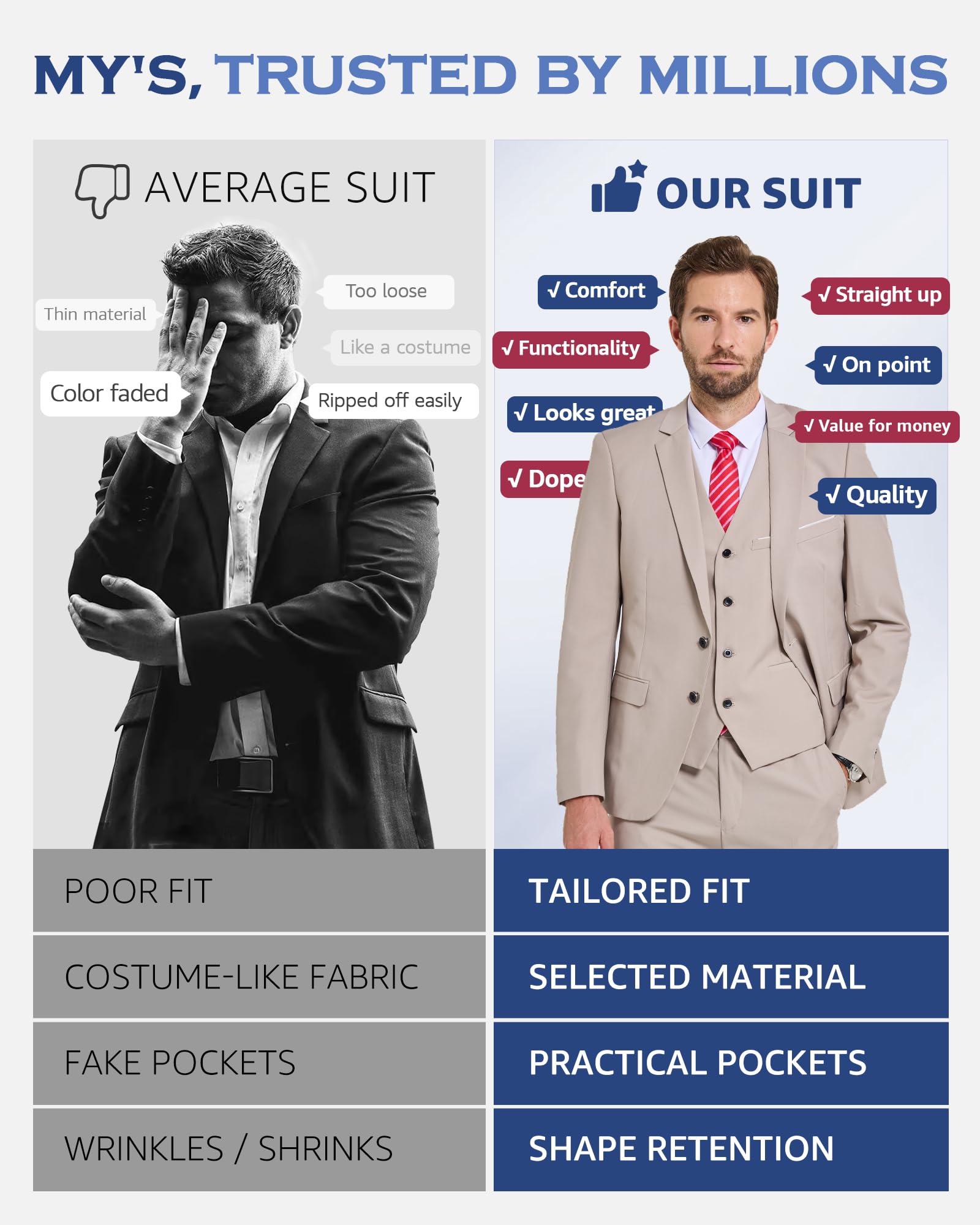 MY'S Men's 3 Piece Slim Fit Suit Set, 2 Button Blazer Jacket Vest Pants with Tie, Solid Wedding Dress Tux and Trousers Deep Grey