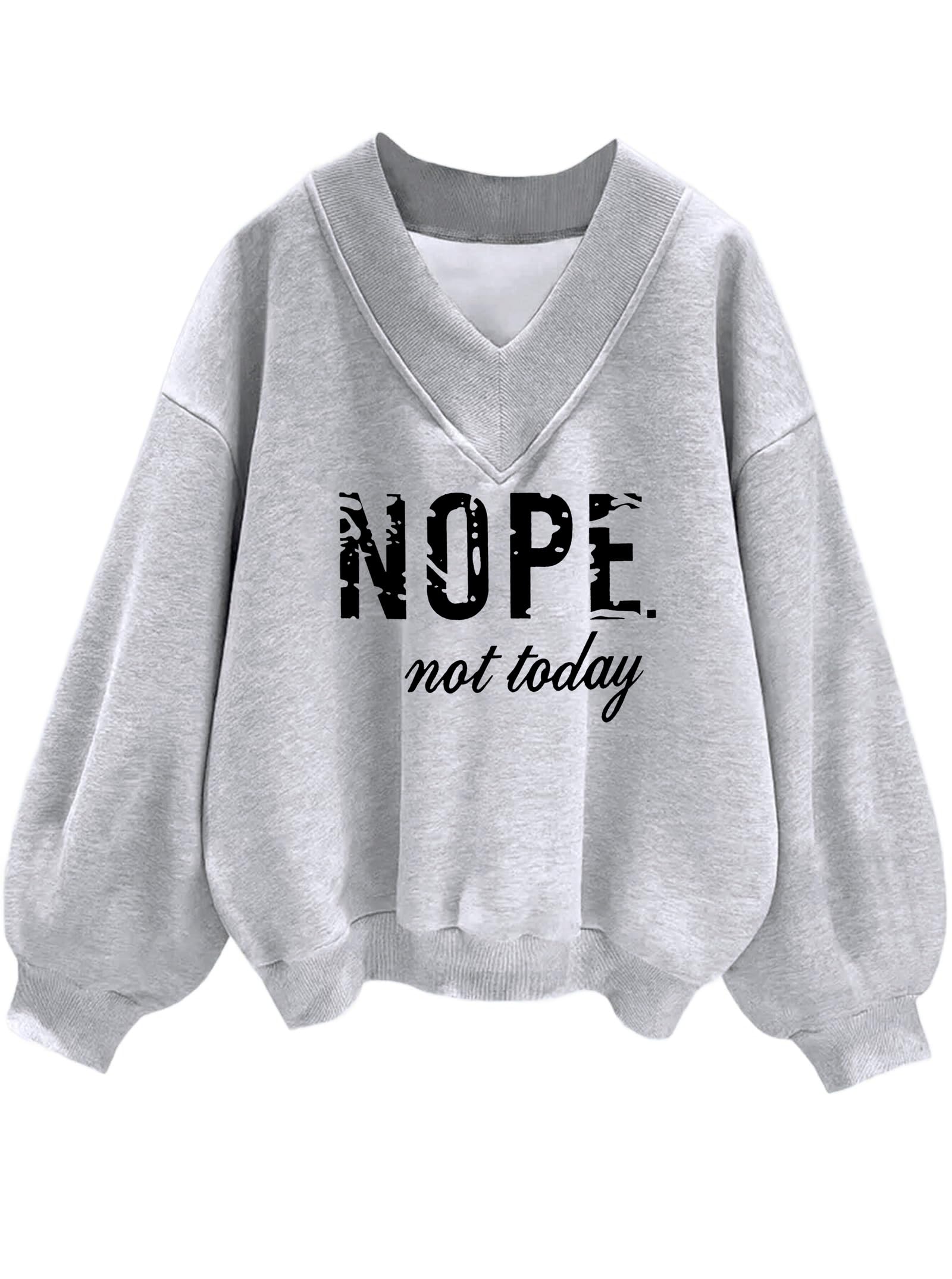 Women V Neck Oversized Sweatshirts Graphic Pullover Grey NOPE X-Large