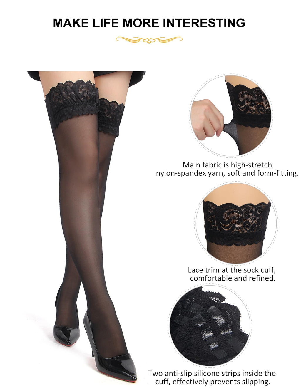 comeondear Black Sexy Sheer Thigh High with Seam Plus Size Overknees Nylon Stockings with Silicone Strap for Women