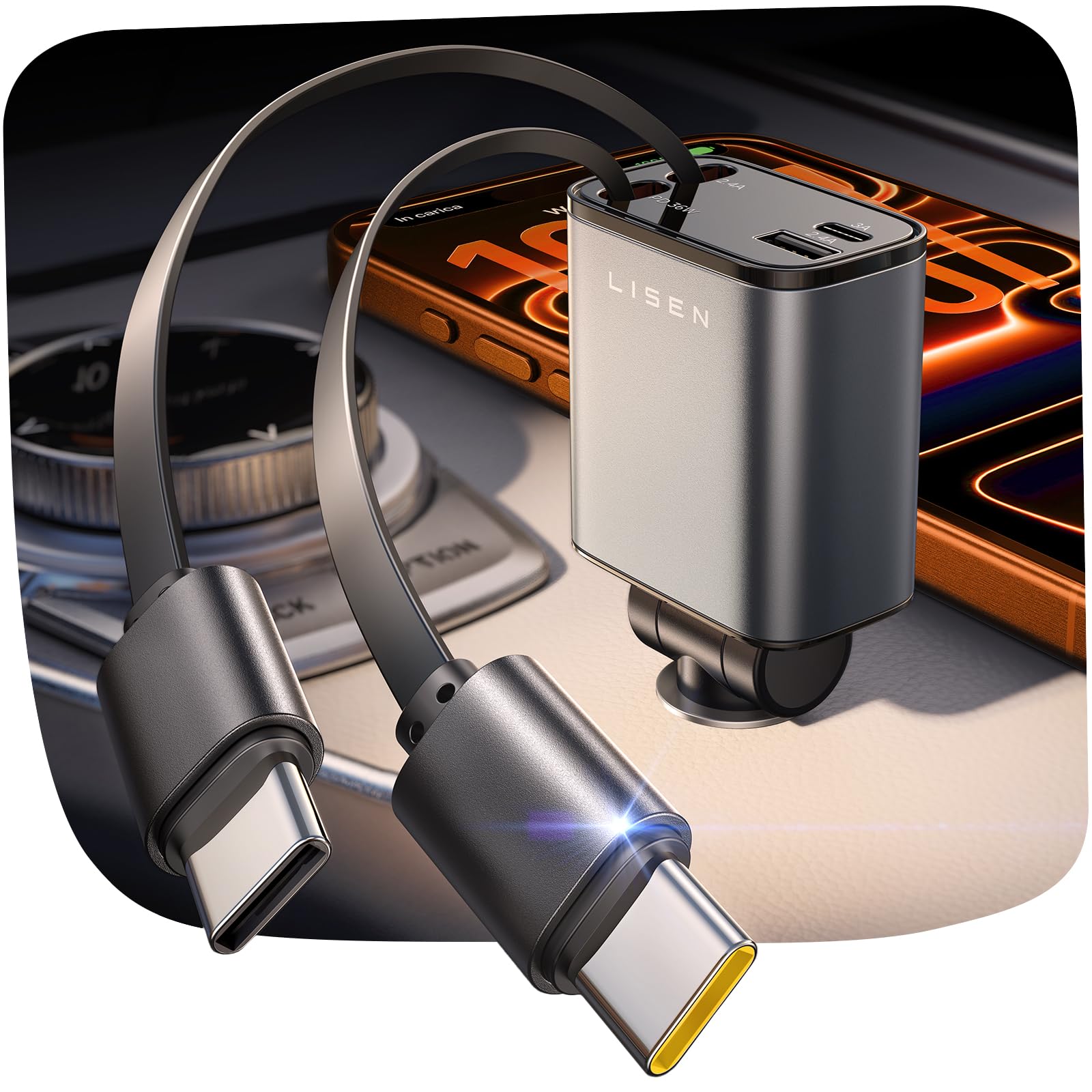 LISEN 【Upgraded Dual Type C】 Retractable Car Charger USB C, 69W fast 4 in 1 Car Charger for iPhone 17, Valentines Day Gifts for Him Her Men Women, Car Accessories for Galaxy S25 Phone 17 Pro Max 16 15