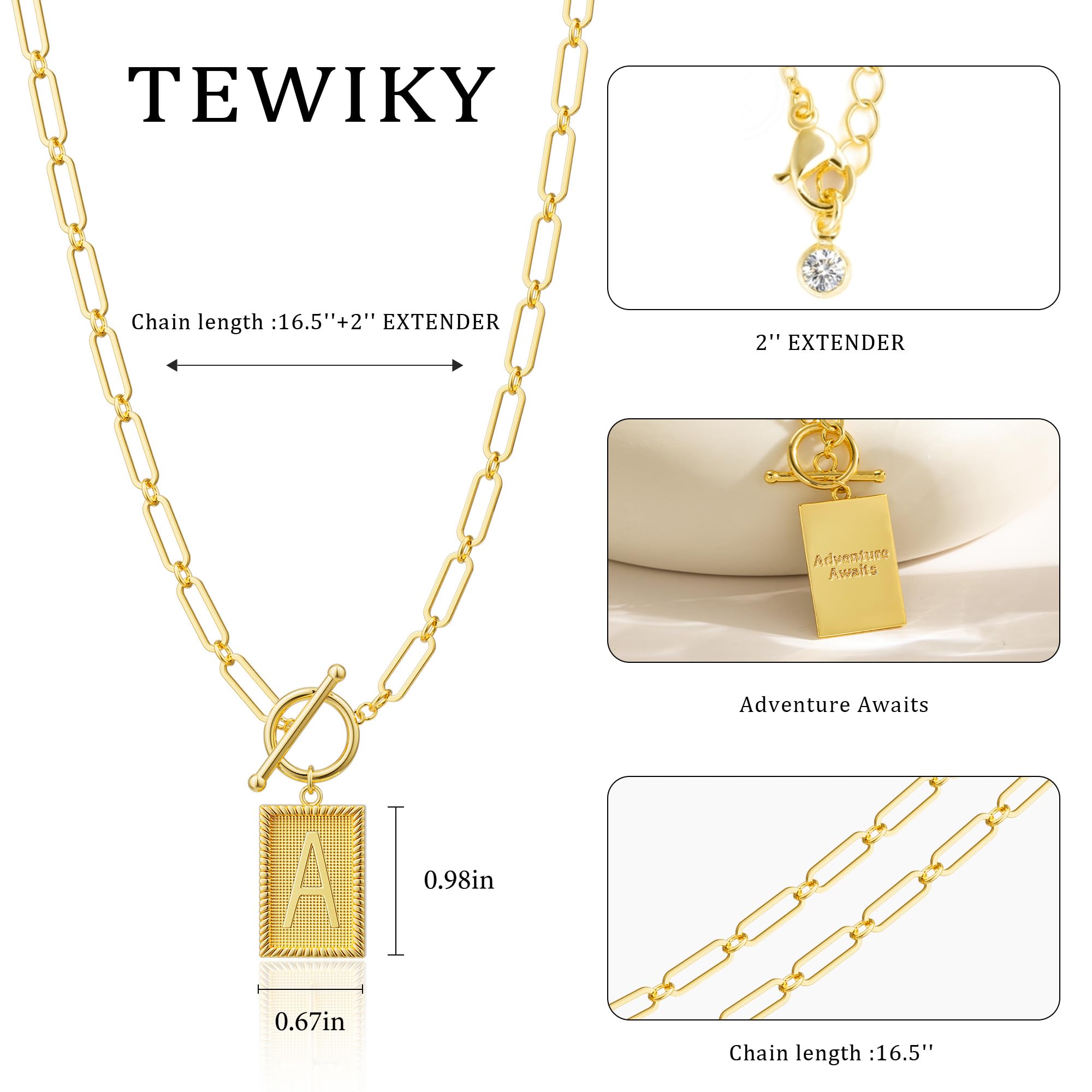 Tewiky Gold Initial Necklaces for Women, Toggle Clasp Square Letter Pendant Necklace Trendy 14K Gold Plated Dainty Paperclip Chain Necklaces for Women Jewelry Gifts