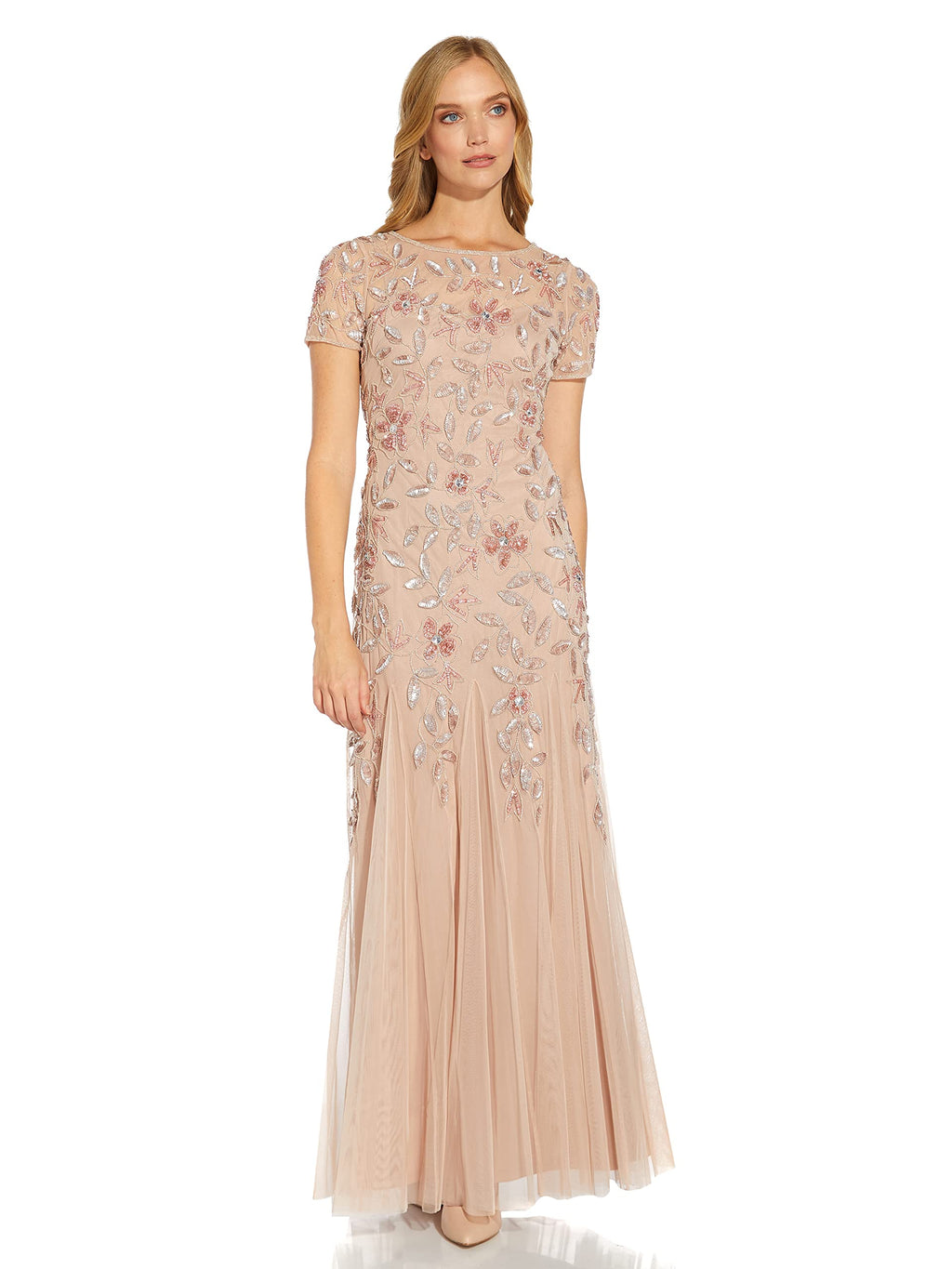 Adrianna Papell Women's Floral Beaded Godet Gown, Blush, 2