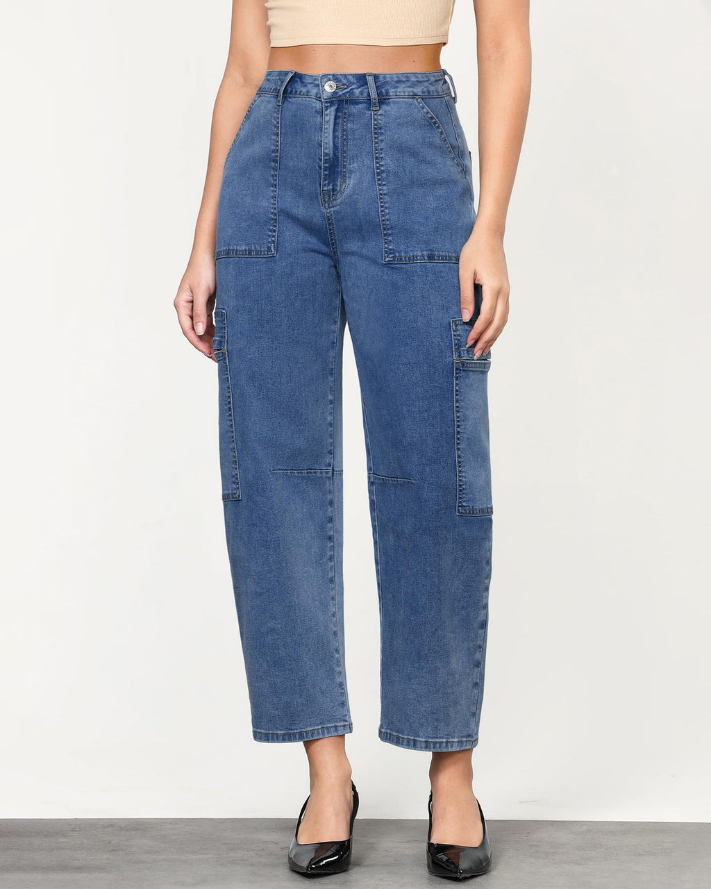 GRAPENT Barrel Women's Baggy High Waisted Oversized Ankle Jeans - Reef Blue, X-Large (Size 16-18)