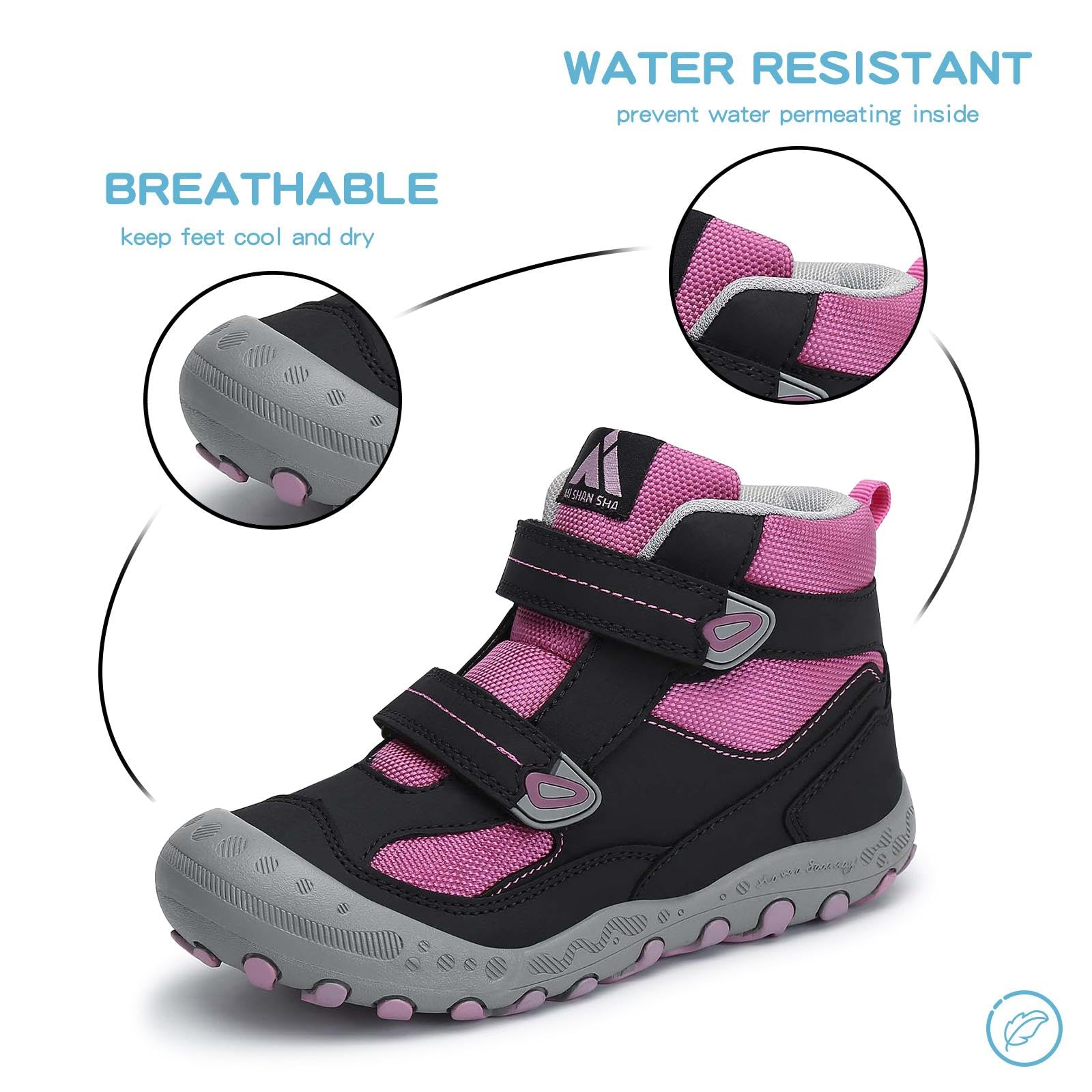 Mishansha Kids Hiking Boots for Little Boys Climbing Shoes Girls Boys Sneaker Hook and Loop Fastener Hiking Boots Outdoor Anti-Slip Boots Black/Rose/Gray 12 little_kid