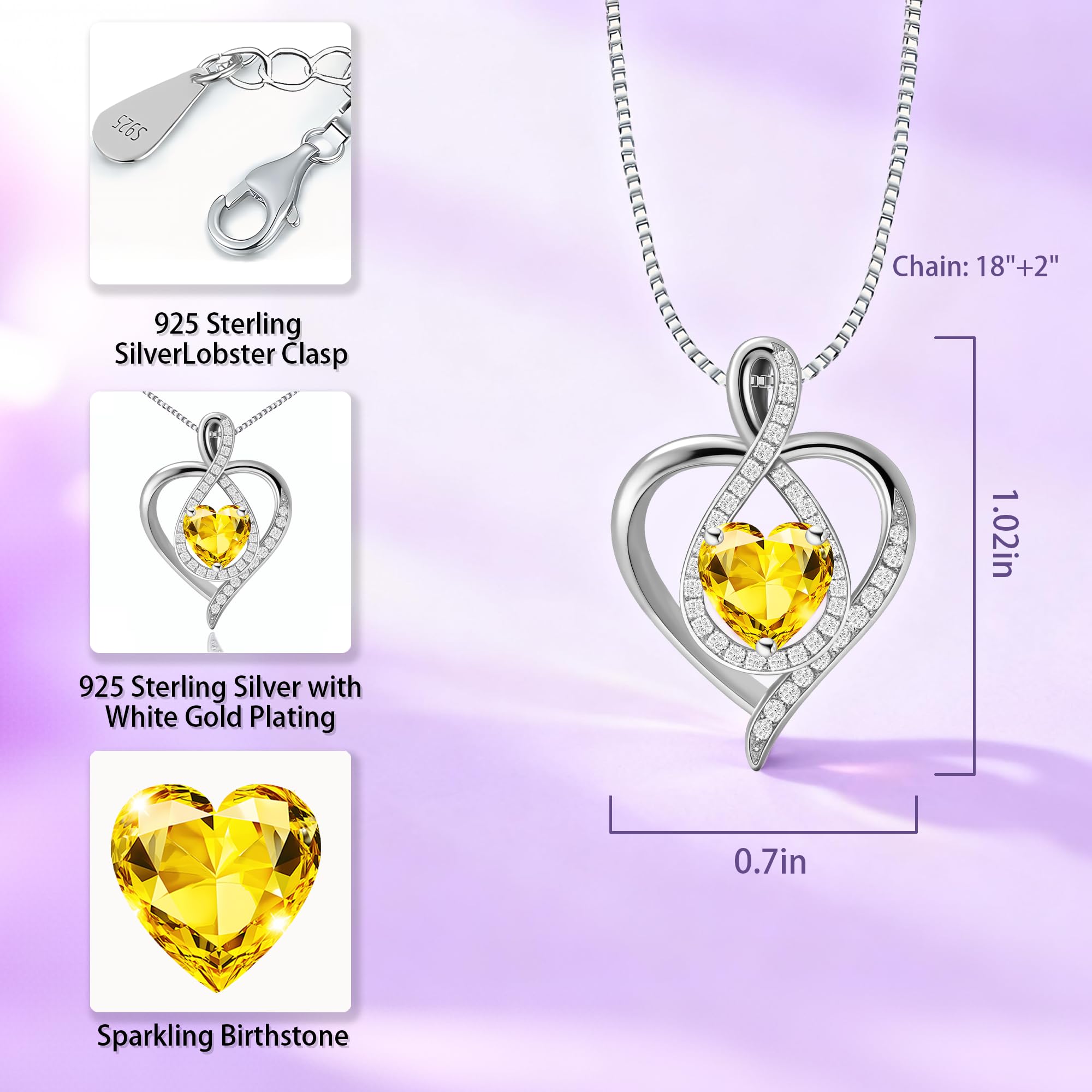 AXRGBF 925 Sterling Elegant Heart Pendant Silver Infinity Birthstone Necklace for Women-Ideal Gift for Wedding Mothers Day Anniversary Valentine's Day/Birthday Girlfriend Mom Wife (Silver-11-Nov)