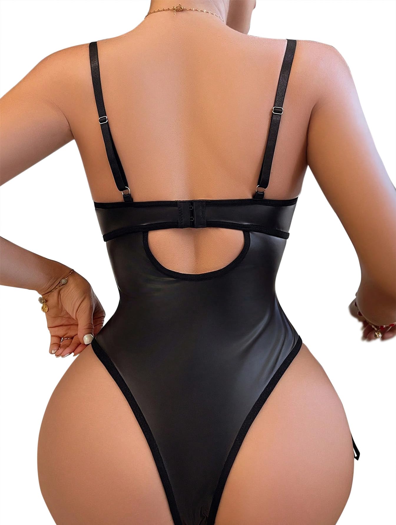 Lilosy Sexy Lace Up Floral Garter Underwire Teddy Bodysuit Lingerie Belt Women Top One Piece PU Black Petite 2X-Small
