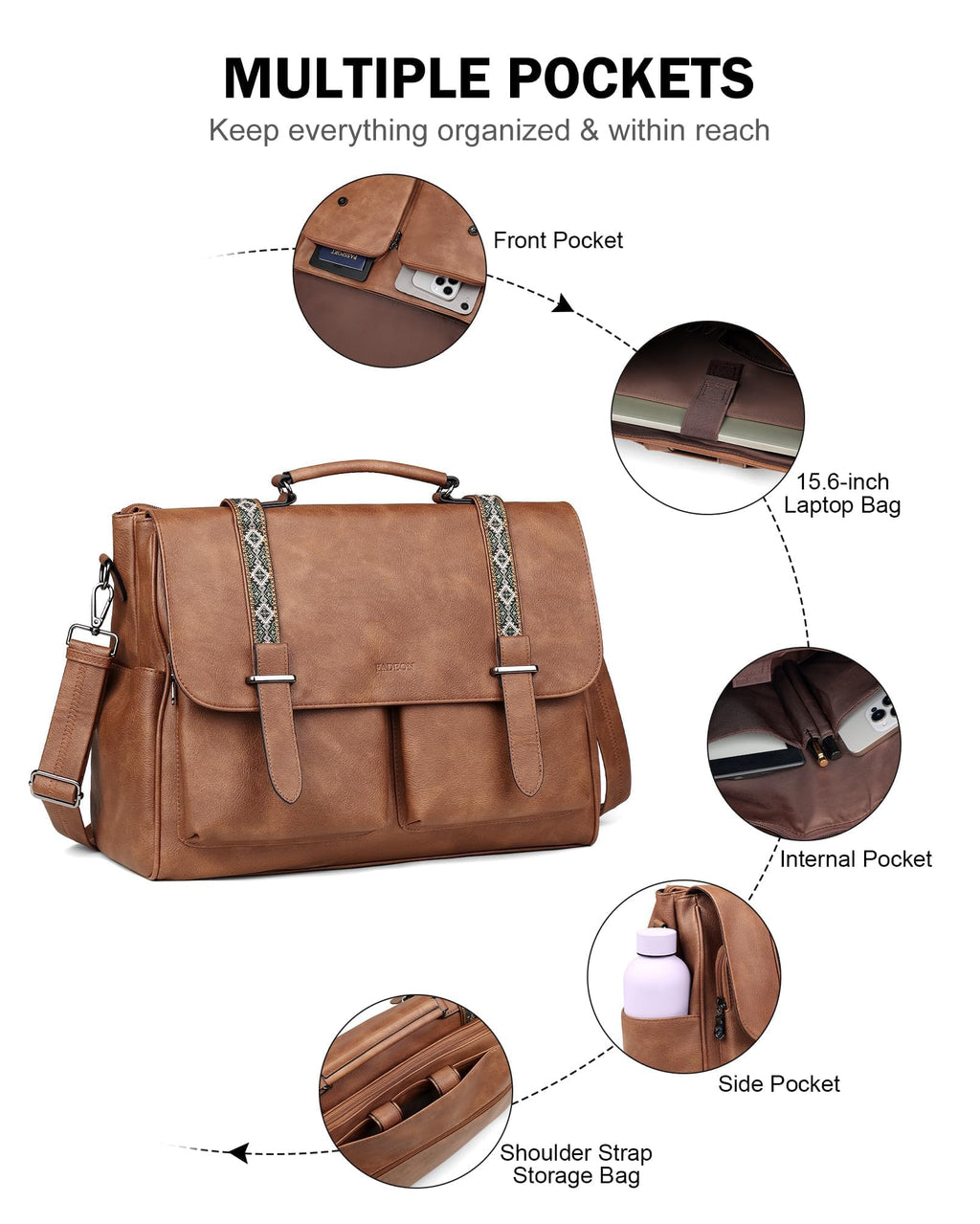 FADEON Messenger Bag for Women, Designer Leather Satchel Backpack Purses Large Laptop Briefcase Multi Pocket Shoulder Bags