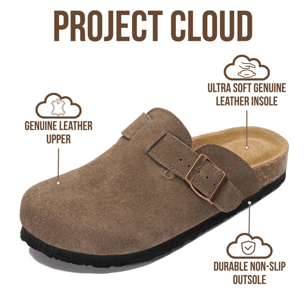 Project Cloud Genuine Leather Footbed Clogs for Women - Memory Foam Arch Support Slippers for Women - Trendy Slip-ons Women's Mules & Clogs Sandals (Benton,FOSSSUEDE,8.5M)