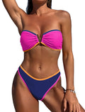 ZAFUL Women's Bandeau Bikini V Strapless Confetti Colorblock Tie Back High Cut Two Piece Swimsuit Bathing Suits (1-Navy Blue, M)