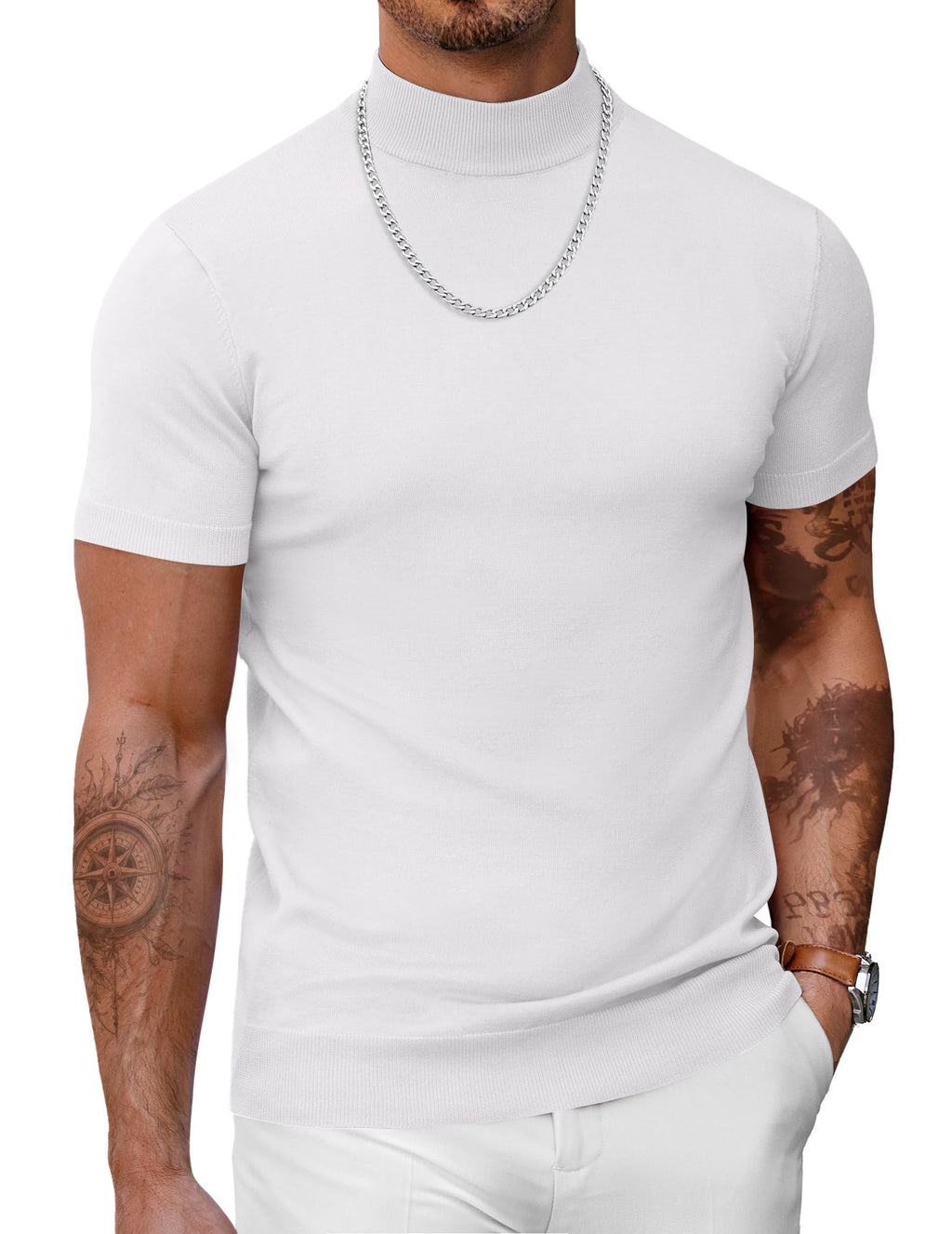 COOFANDY Mens White Mock Turtleneck Short Sleeve Sweater Casual Stylish Knitted Pullover Slim Fit Dress Sweater Basic Tops All White Large