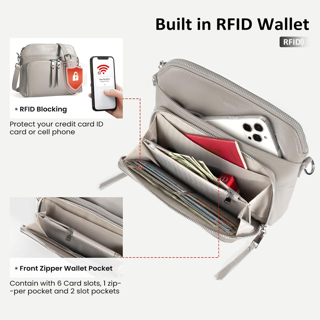 befen Real Leather Crossbody Bags for Women, Womens Small Cross Body Purses Travel Handbags with Built-in Wallet Adjustable Strap Beige Grey