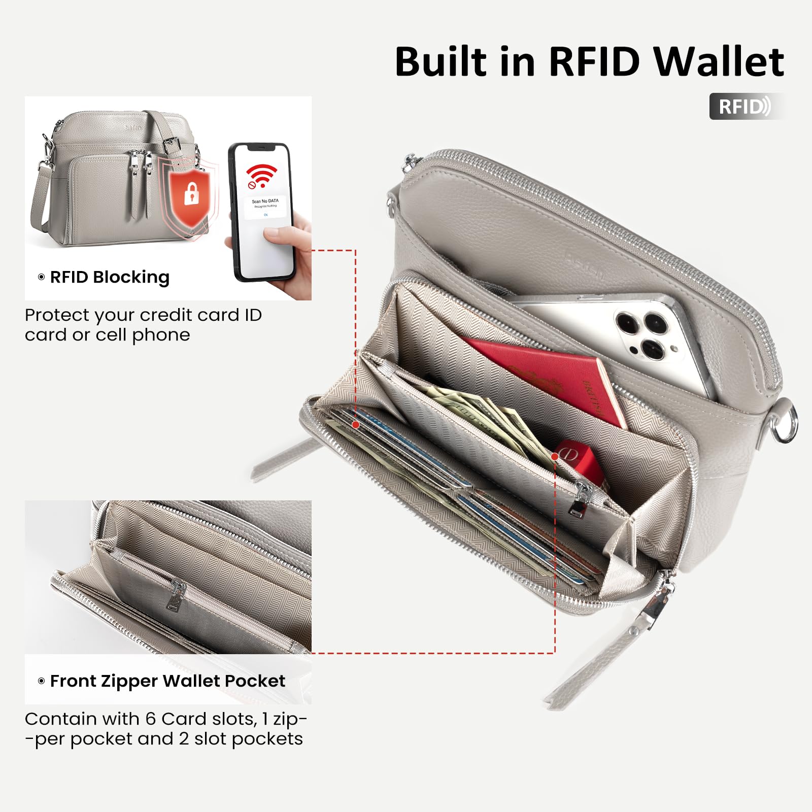 befen Real Leather Crossbody Bags for Women, Womens Small Cross Body Purses Travel Handbags with Built-in Wallet Adjustable Strap Beige Grey