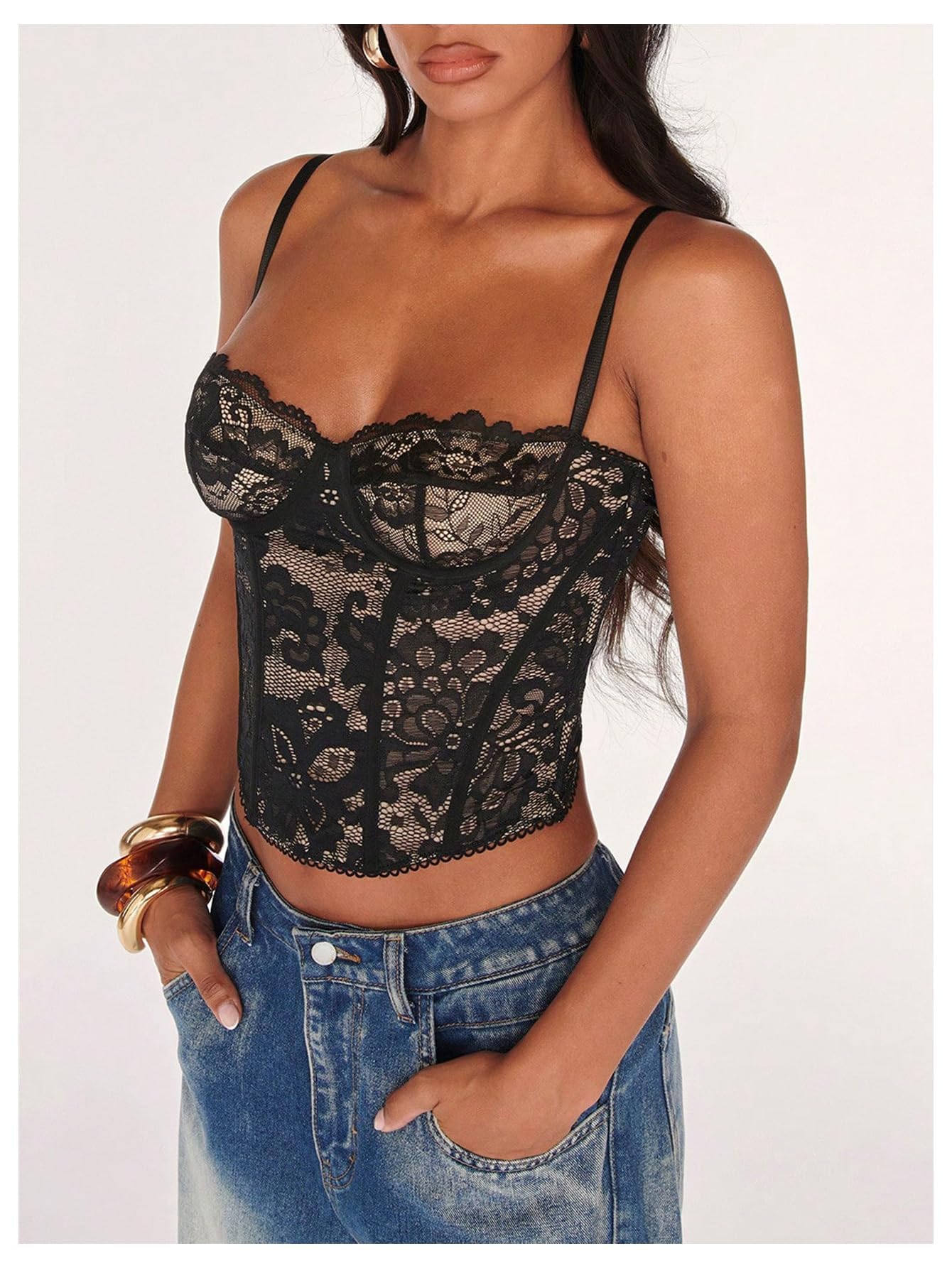 WDIRARA Women's Cut Out Lace Crop Bustier Corset Tank Top Sexy Going Out Party Club Tops Cami Black Large