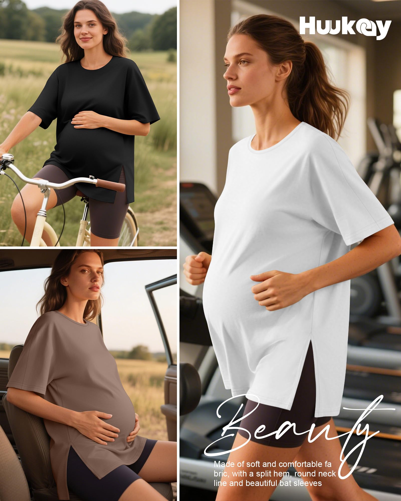 Huukeay 3 Pack Women's Maternity Shirts Loose Fit Pregnancy Tunic Tops Split Side Casual Summer Oversized Pregnancy Clothes(Coffee, White, Black,XX-Large)