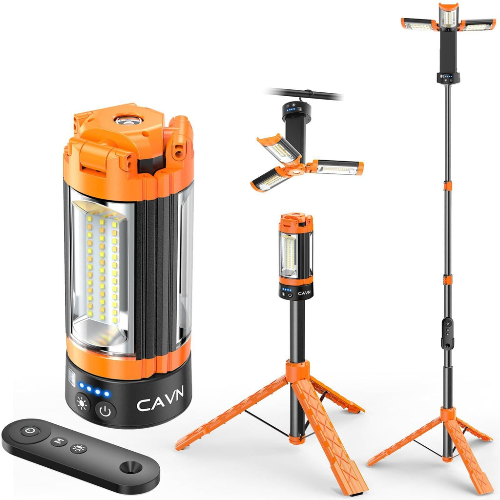 CAVN Rechargeable Camping Lights with Remote & Detachable Tripod Max Height 6.0 ft, Portable Work Light with 3 LED Lamp Heads, Camping Essentials Gear Emergency Flashlight with Hook, Orange