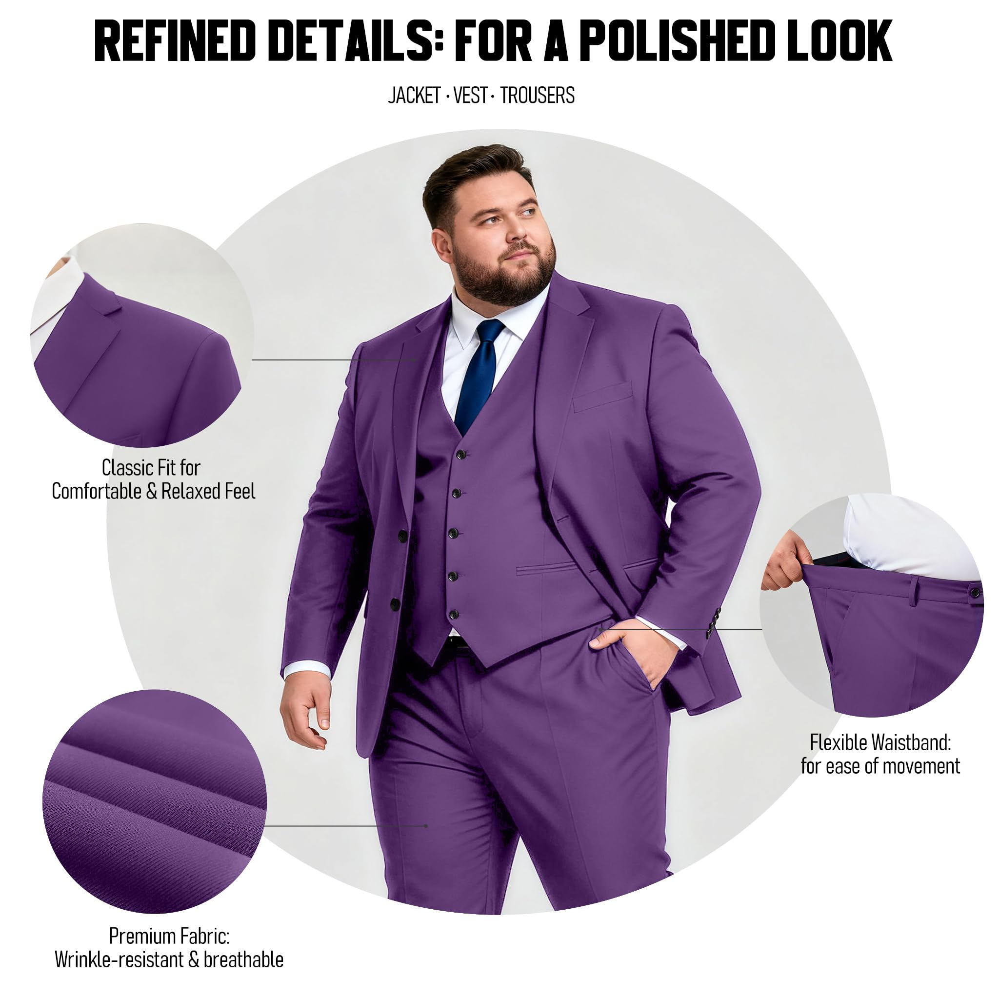 GATMSTZ 3 Piece Suits for Men Big and Tall Regular Fit Blazer Men Tuxedo Suit Set Classic Fit Jacket Vest Pants (Purple 60R)