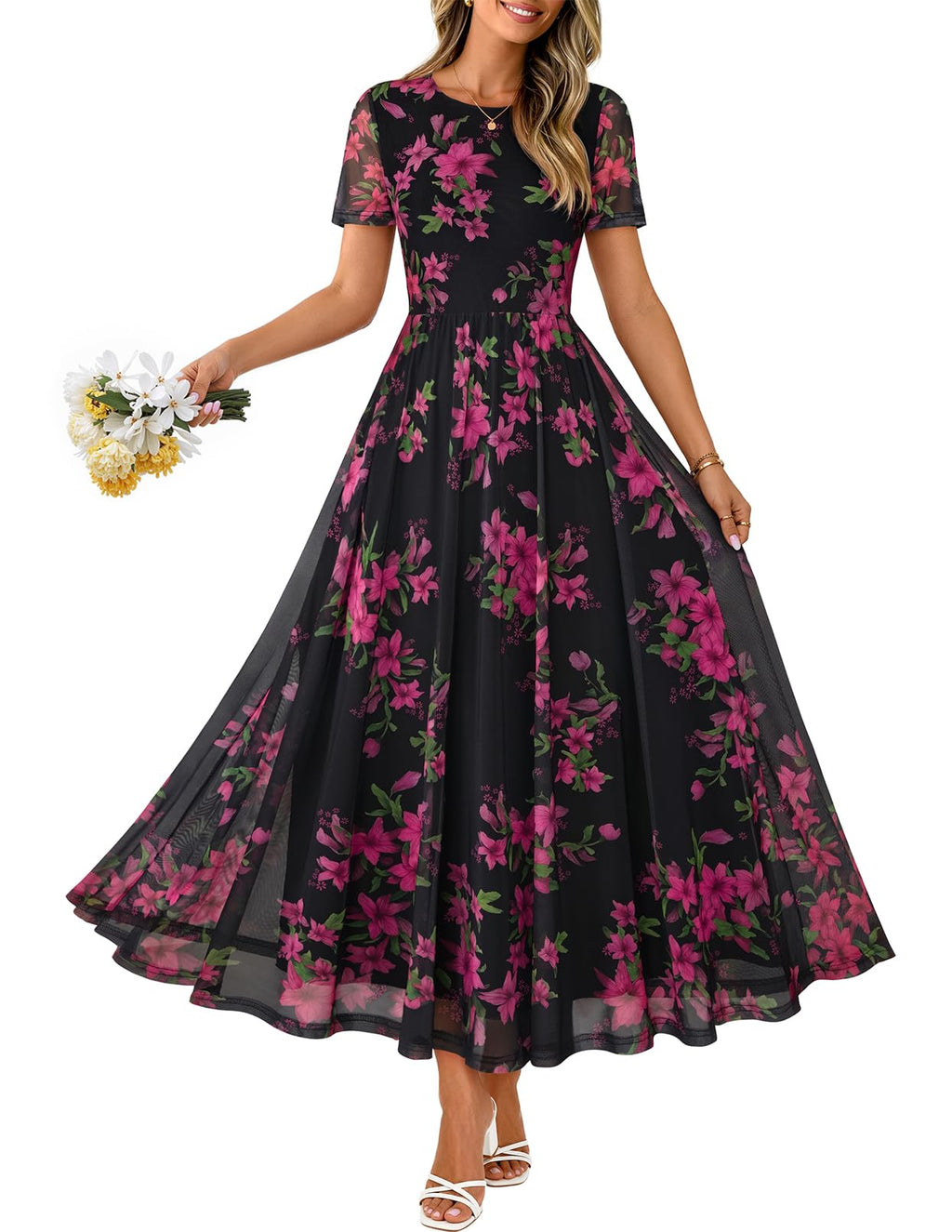 MEROKEETY Women' Summer Floral Maxi Dress 2026 Spring Mesh Short Sleeve Flowy Wedding Guest Beach Long Dresses, Black, Large