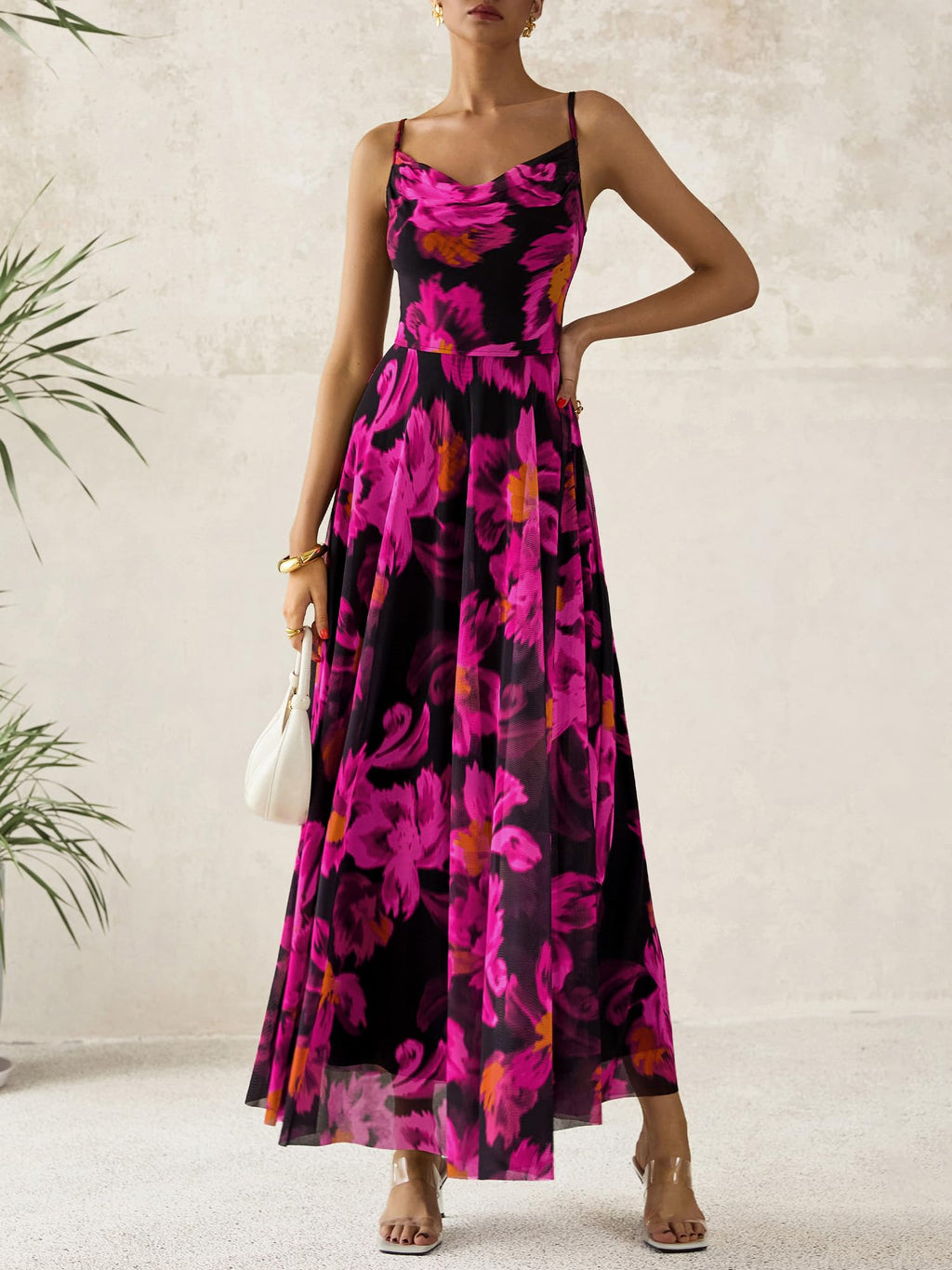 BTFBM Women Summer Floral Maxi Dresses Elegant Spaghetti Strap Dress Printed Party Dress Beach Long Dresses(Floral Black Rose Red,Large)