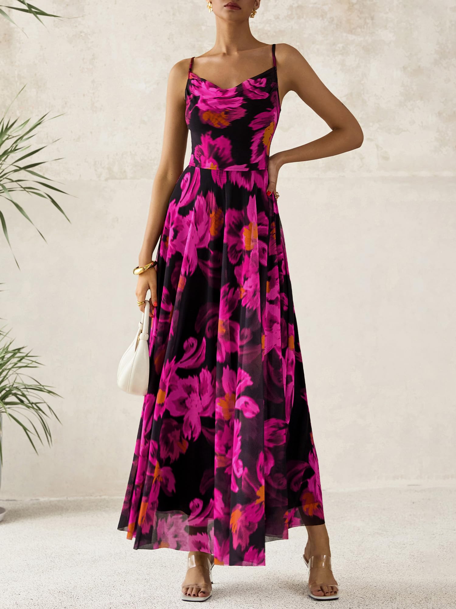 BTFBM Women Summer Floral Maxi Dresses Elegant Spaghetti Strap Dress Printed Party Dress Beach Long Dresses(Floral Black Rose Red,Large)