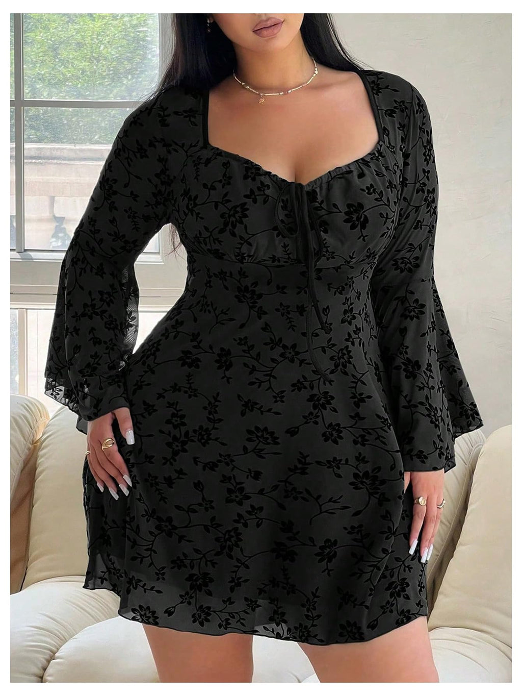 Floerns Women's Plus Size Floral Gothic Dress Flare Long Sleeve Mesh Grunge A Line Dress Black X-Large Plus