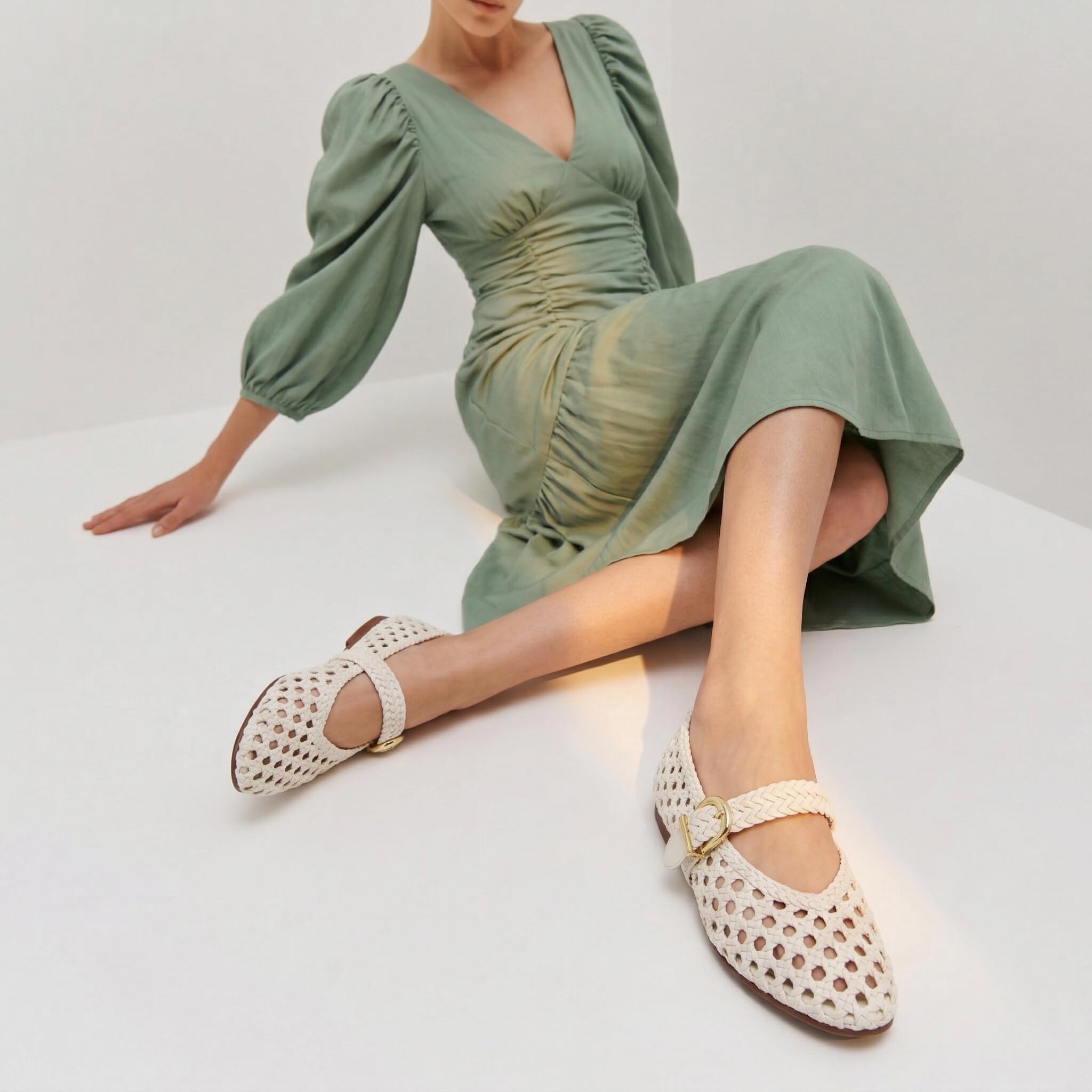 CUSHIONAIRE Wit Hand Woven Womens Flats, Comfortable Mary Jane Ballet Flat with Adjustable Buckle Braided Strap and Cushioned Memory Foam, CREAM 9W