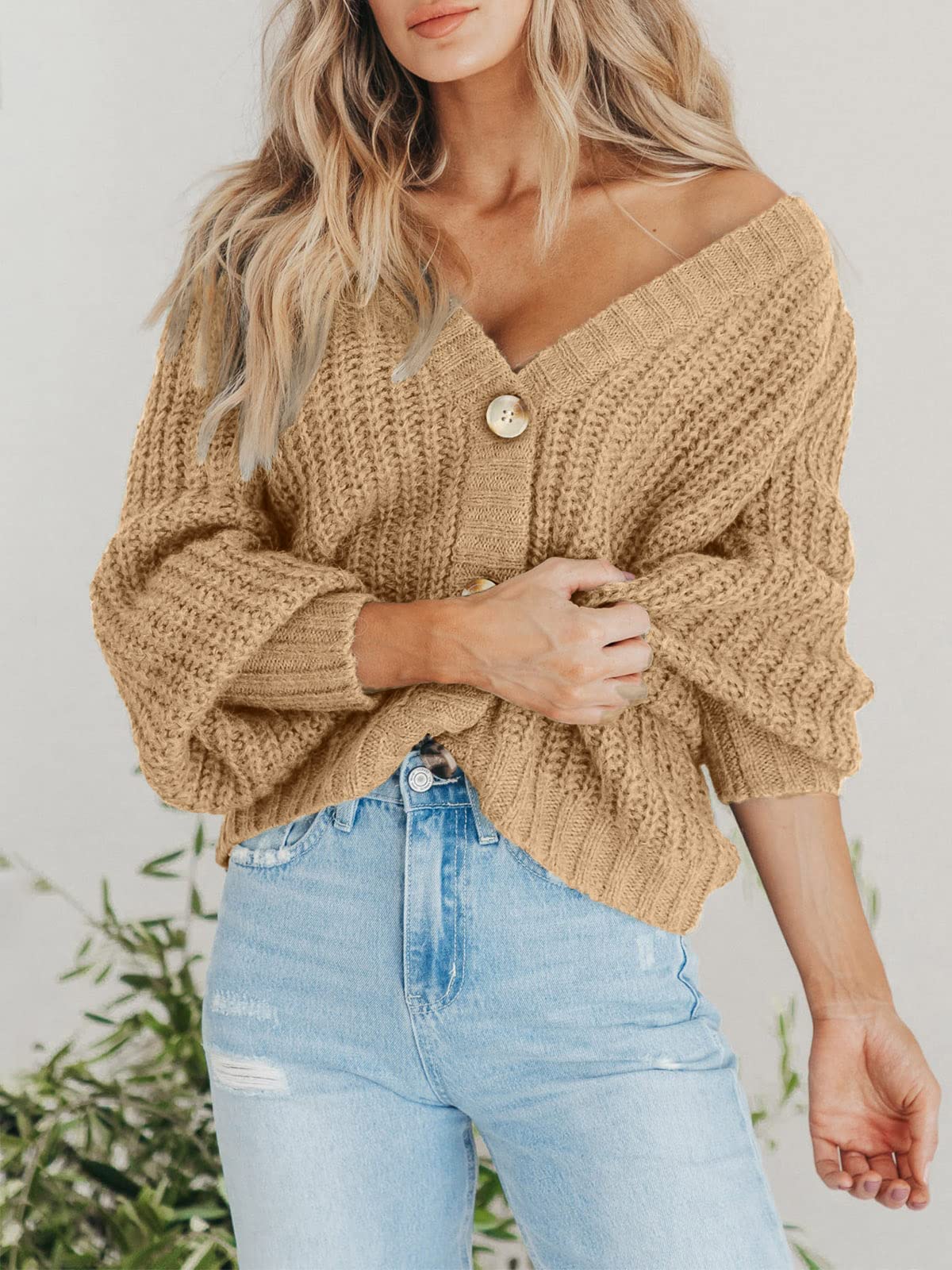 PRETTYGARDEN Long Sleeve Button Up Womens Sweaters Spring 2024 Open Front Plain Cardigans Sweaters Loose Soft Knit Coat Outerwear(Khaki,Medium)