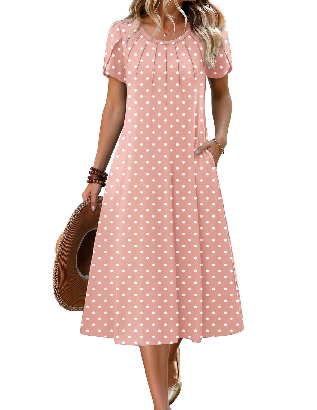 Zeagoo Polka Dot Dress for Women Midi Summer Dresses 2026 Short Sleeve Dress Casual Pleated Long Dresses Pleated Sundress, Pink Dot L
